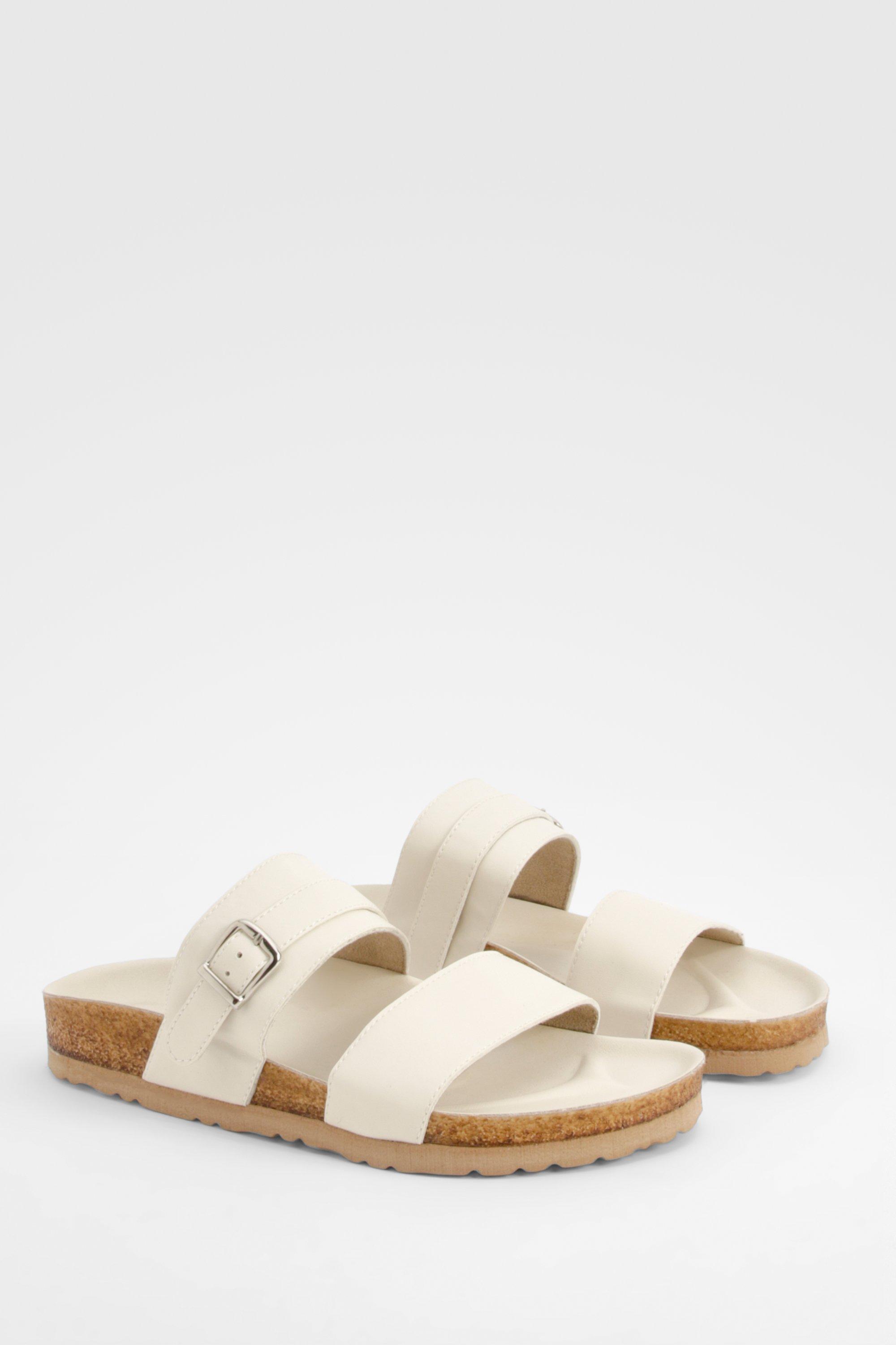 Image of Wide Fit Double Strap Footbed Sliders, Bianco