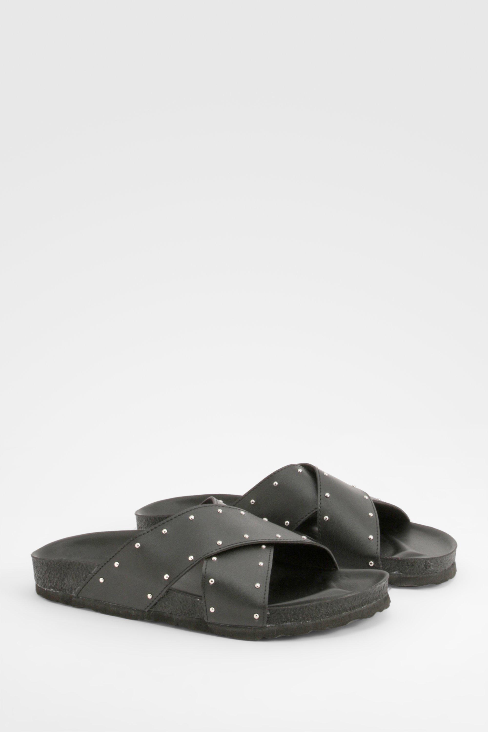 Image of Wide Fit Cross Strap Studded Footbed Sliders, Nero