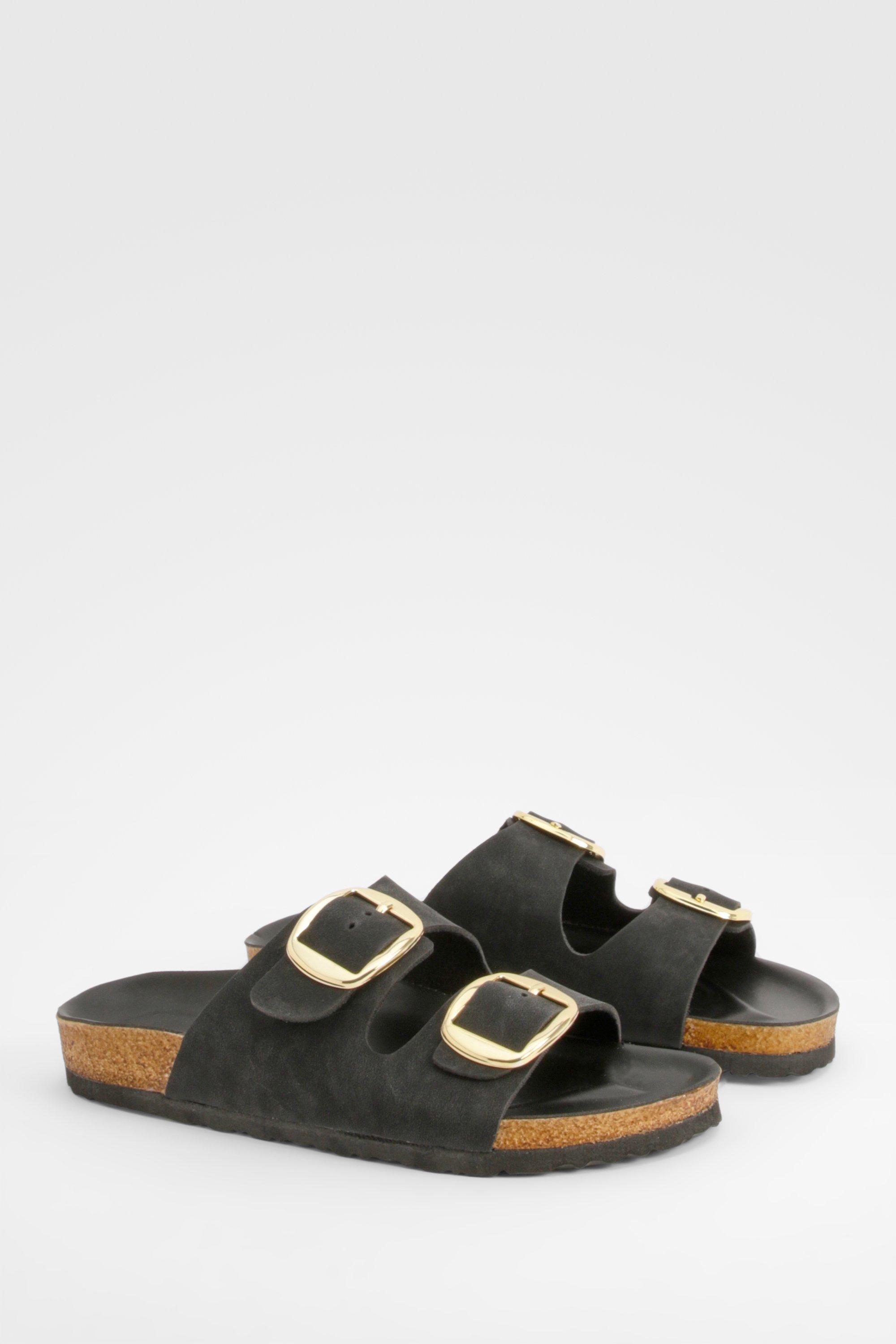 Image of Wide Fit Oversized Buckle Double Strap Footbed Sliders, Nero