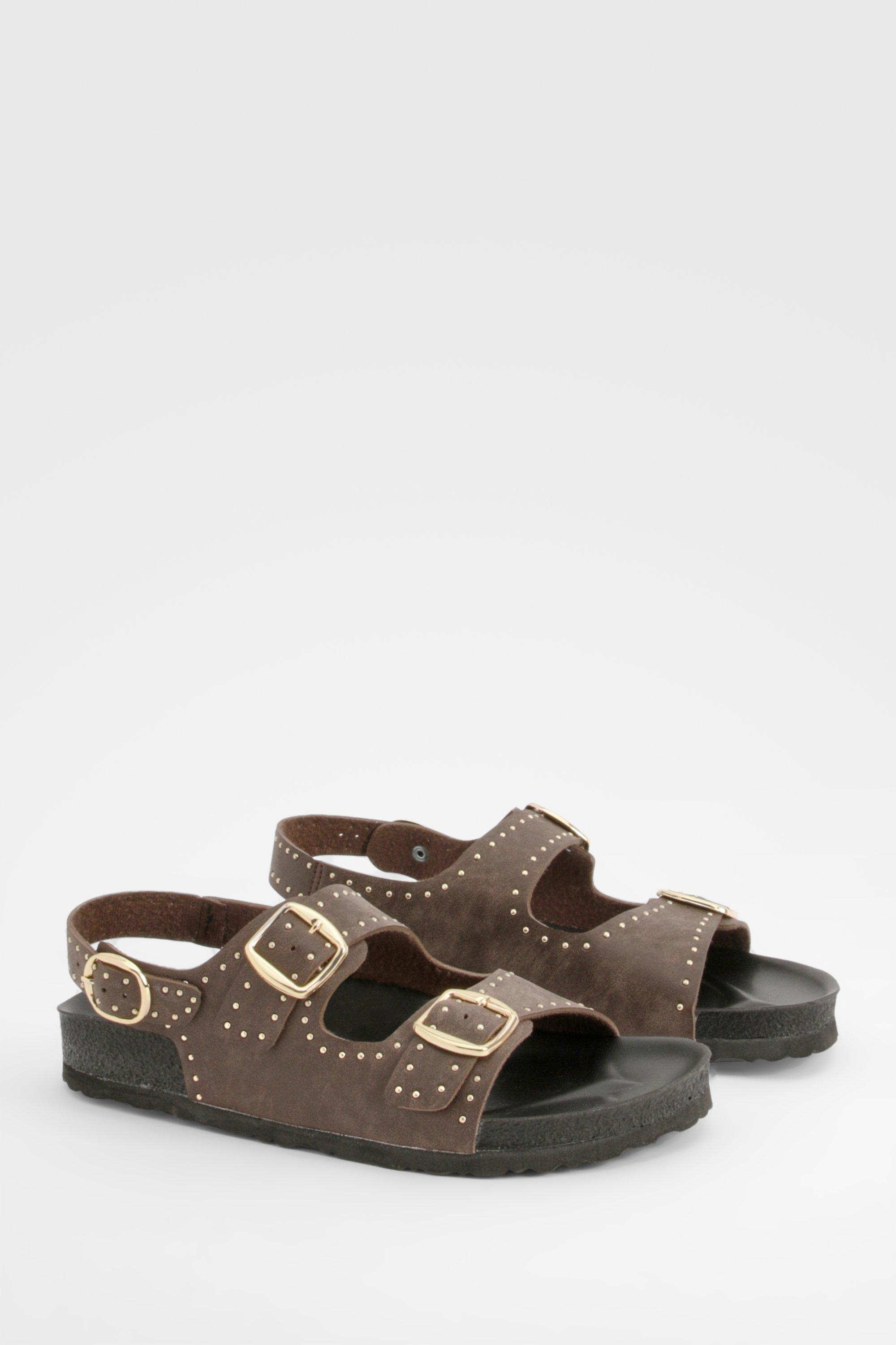 Image of Burnished Pu Studded Double Strap Dad Sandals, Brown