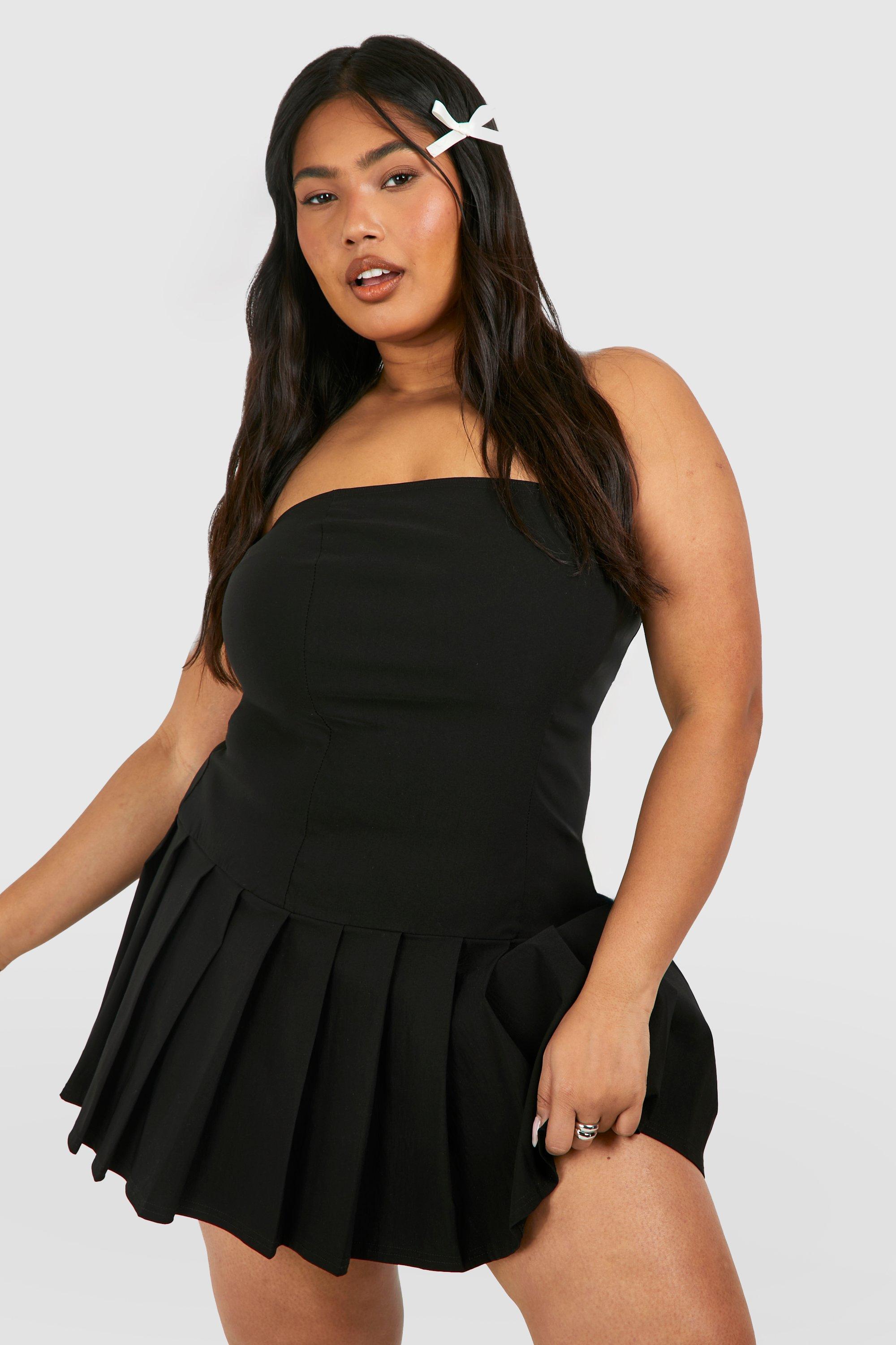 Womens Plus Bandeau Pleated Mini Dress - Black - 16, Black
