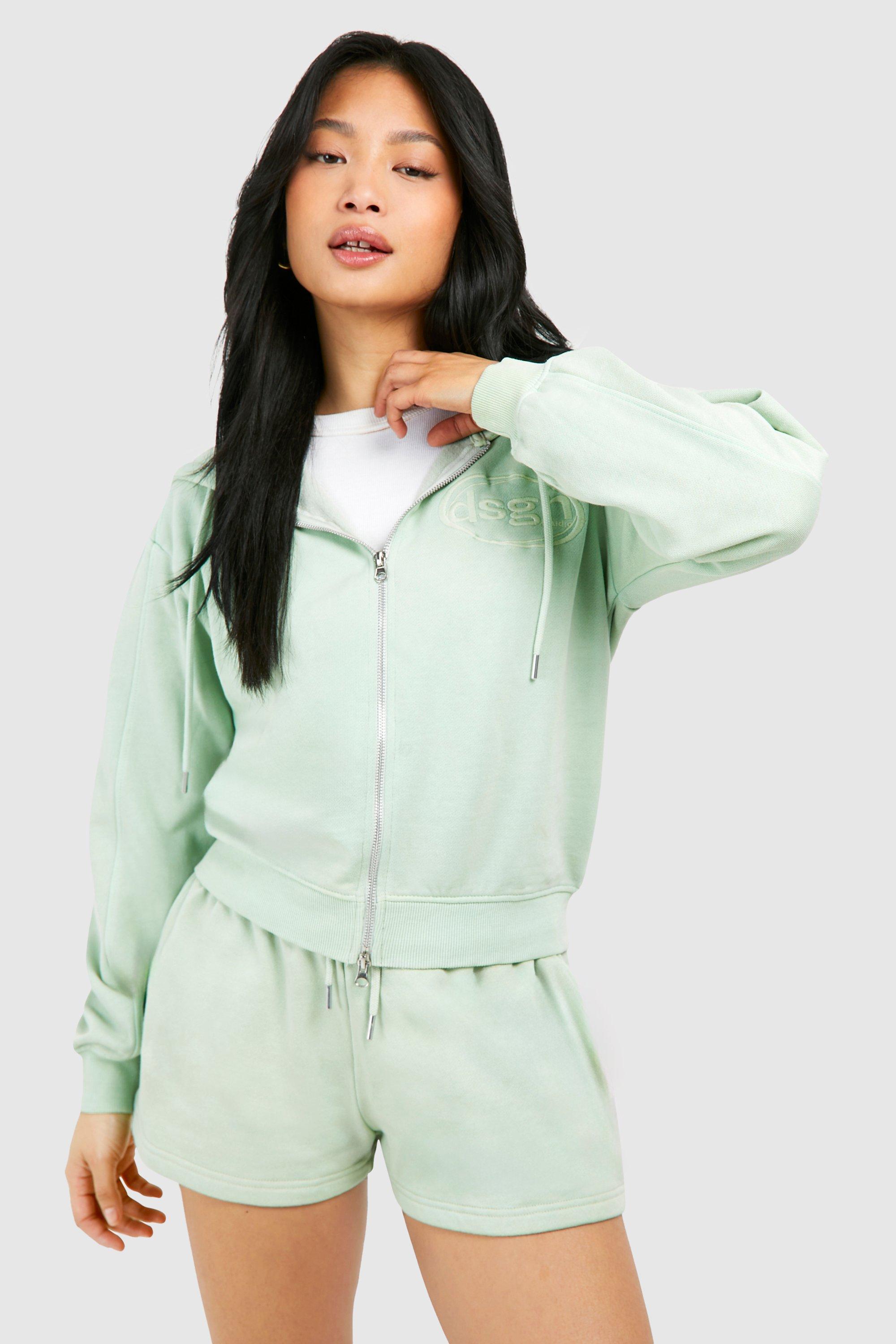 Womens Petite Dsgn Embroidered Hoodie Washed Short Tracksuit - Green - L, Green