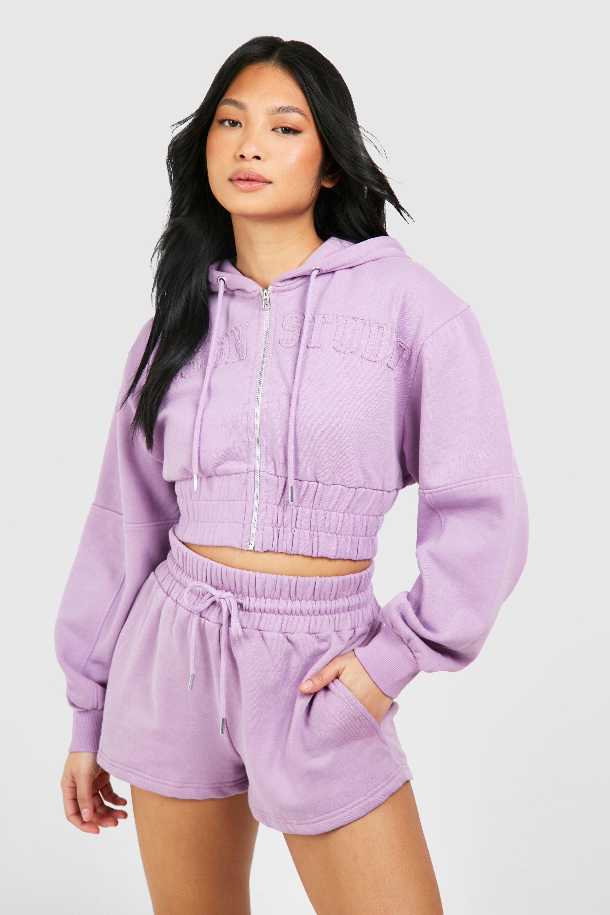 Image of Petite Dsgn Applique Cropped Hoodie Washed Short Tracksuit, Purple