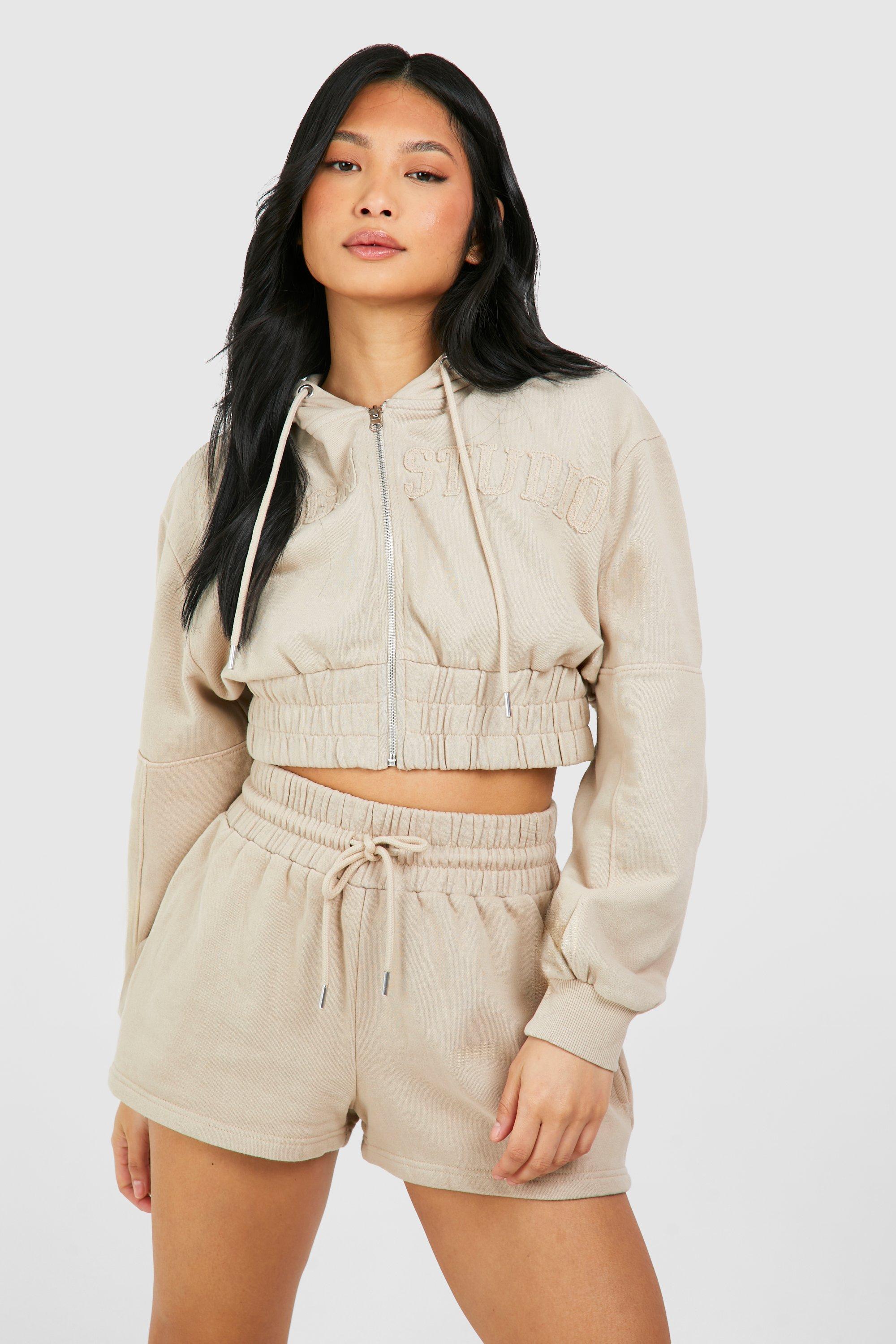 Image of Petite Dsgn Applique Cropped Hoodie Washed Short Tracksuit, Beige