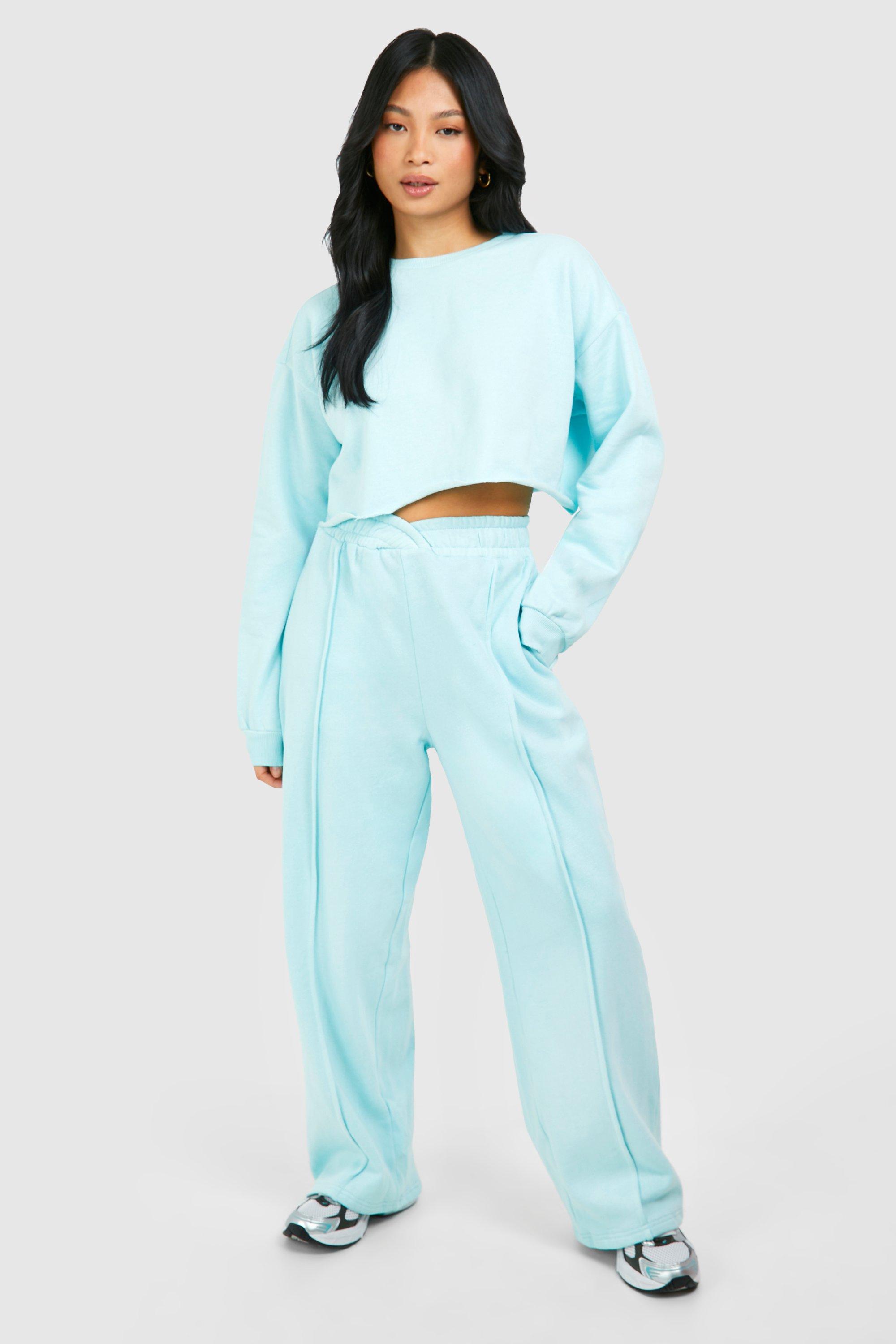 Womens Petite Cropped Sweatshirt Wide Leg Washed Tracksuit - Blue - Xs, Blue