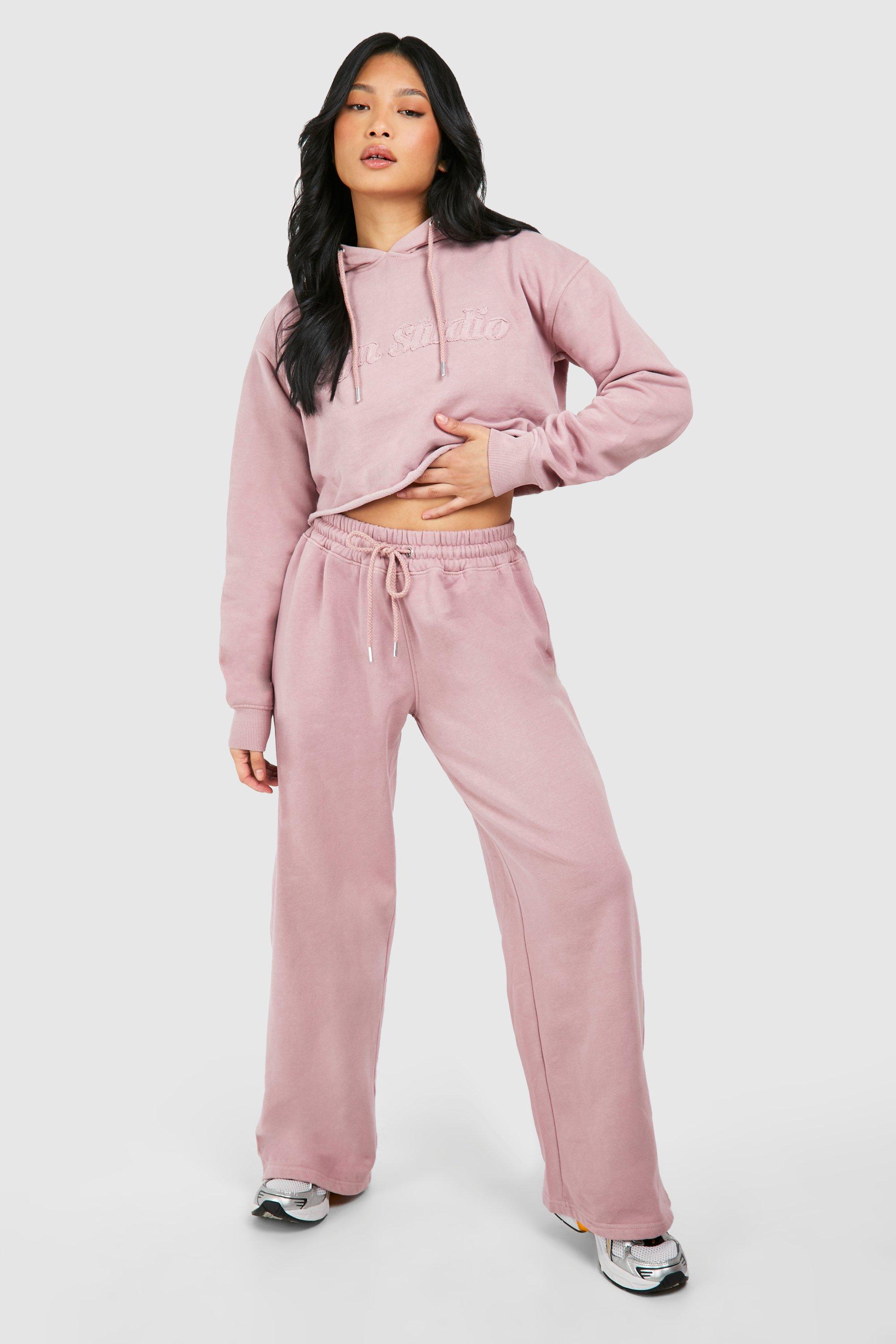 Womens Petite Dsgn Cropped Hoodie Wide Leg Washed Tracksuit - Pink - L, Pink