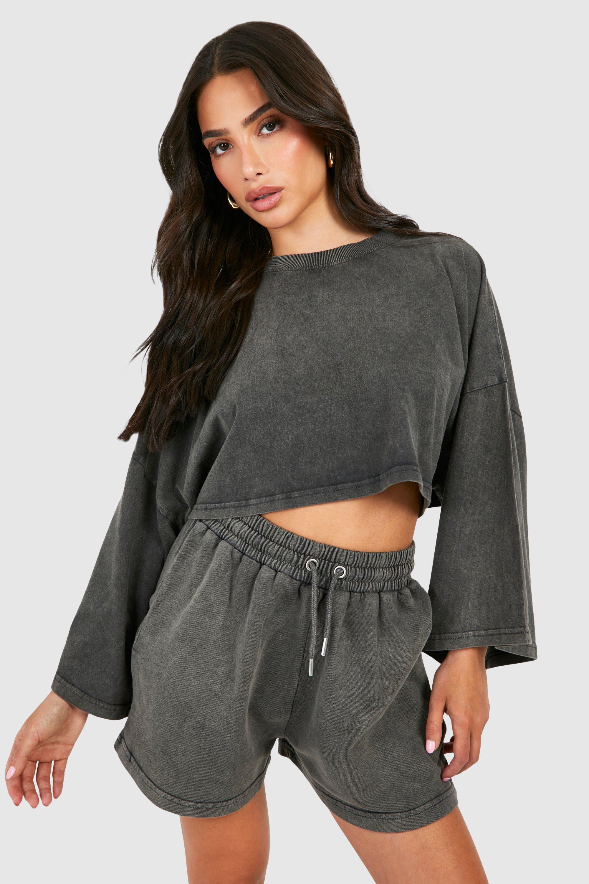 Womens Petite Acid Wash Boxy Crop T-Shirt And Sweat Short Set - Grey - Xs, Grey