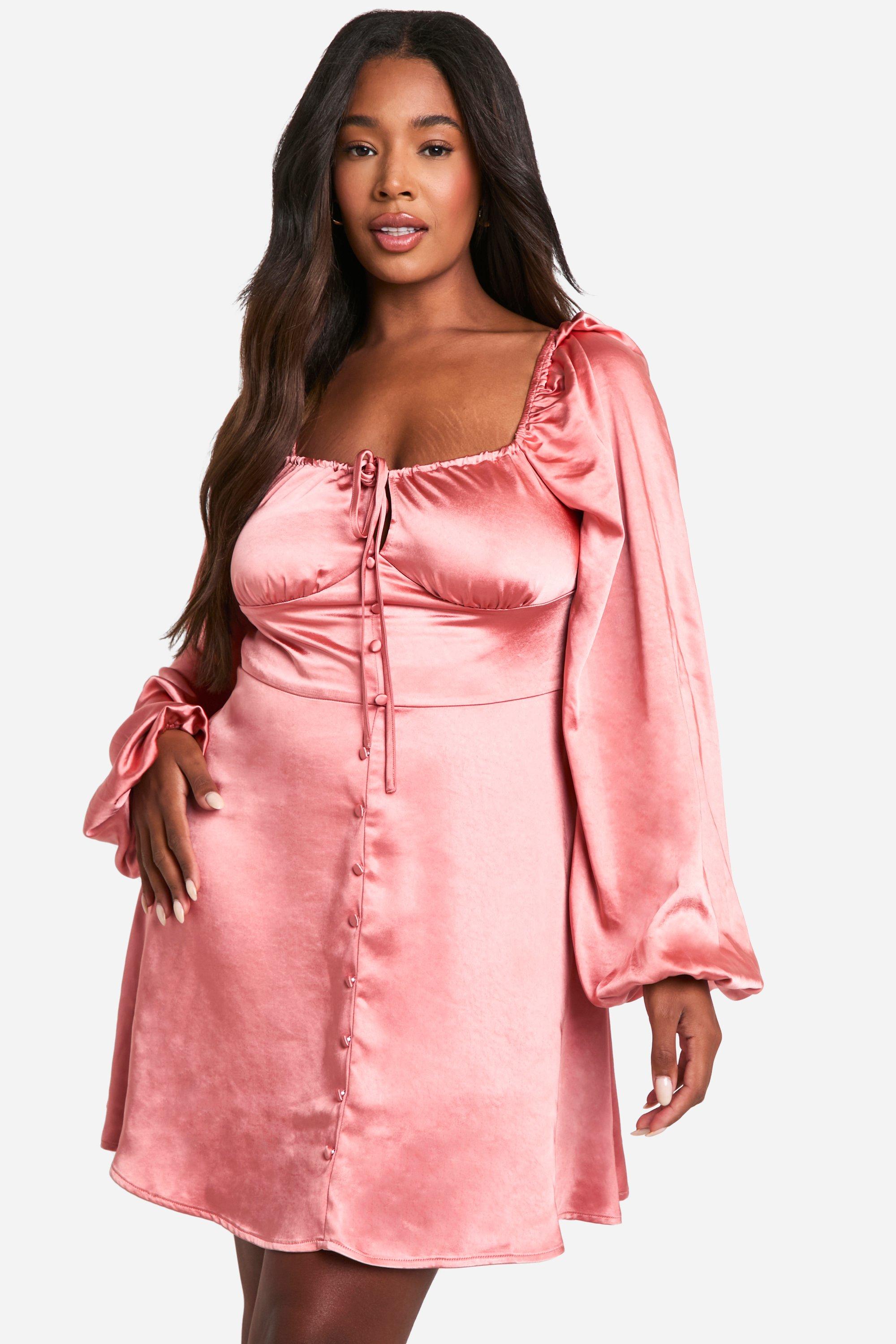 Image of Plus Satin Balloon Sleeve Milkmaid Mini Skater Dress, Pink