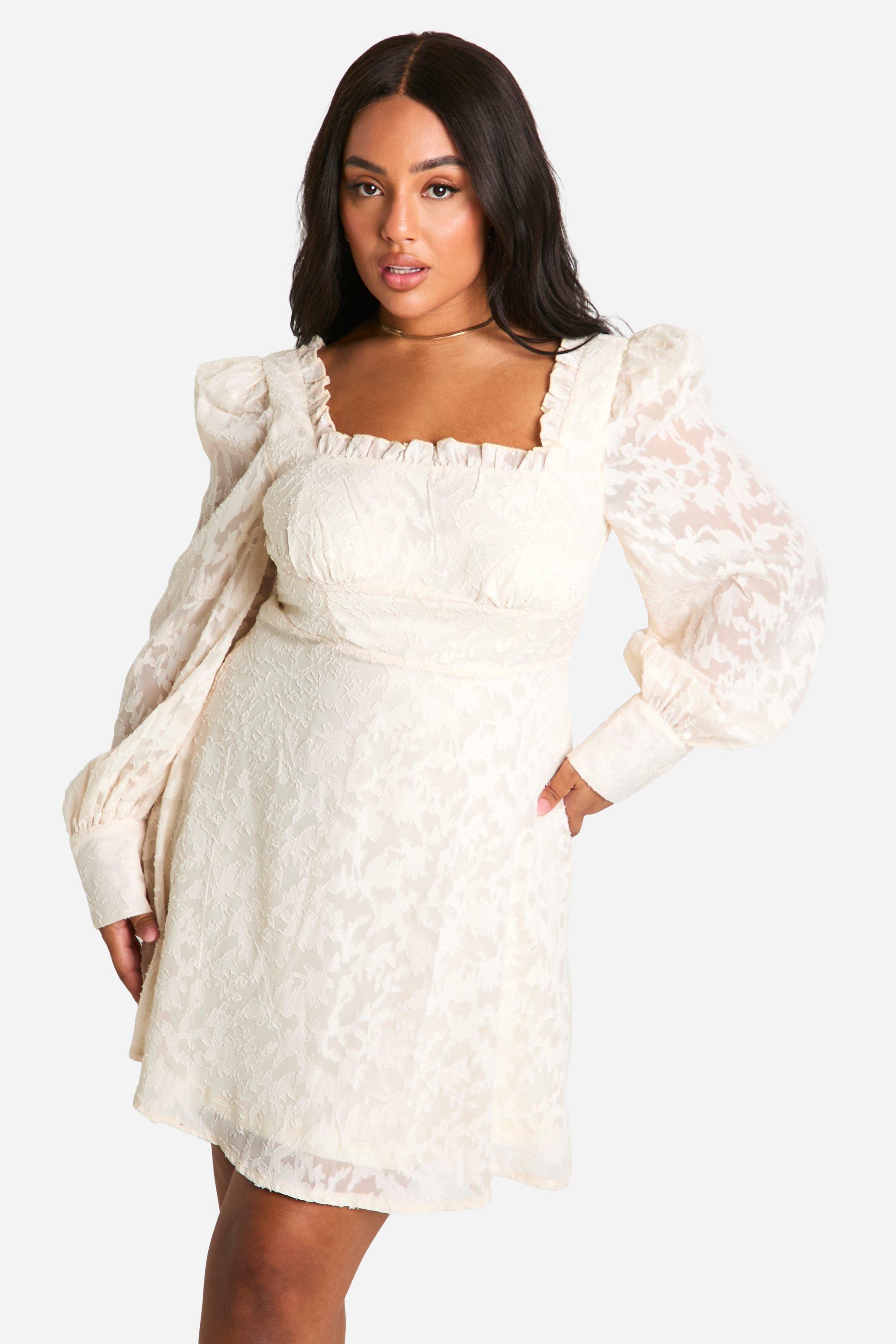 Image of Plus Textured Corset Milkmaid Mini Dress, Bianco