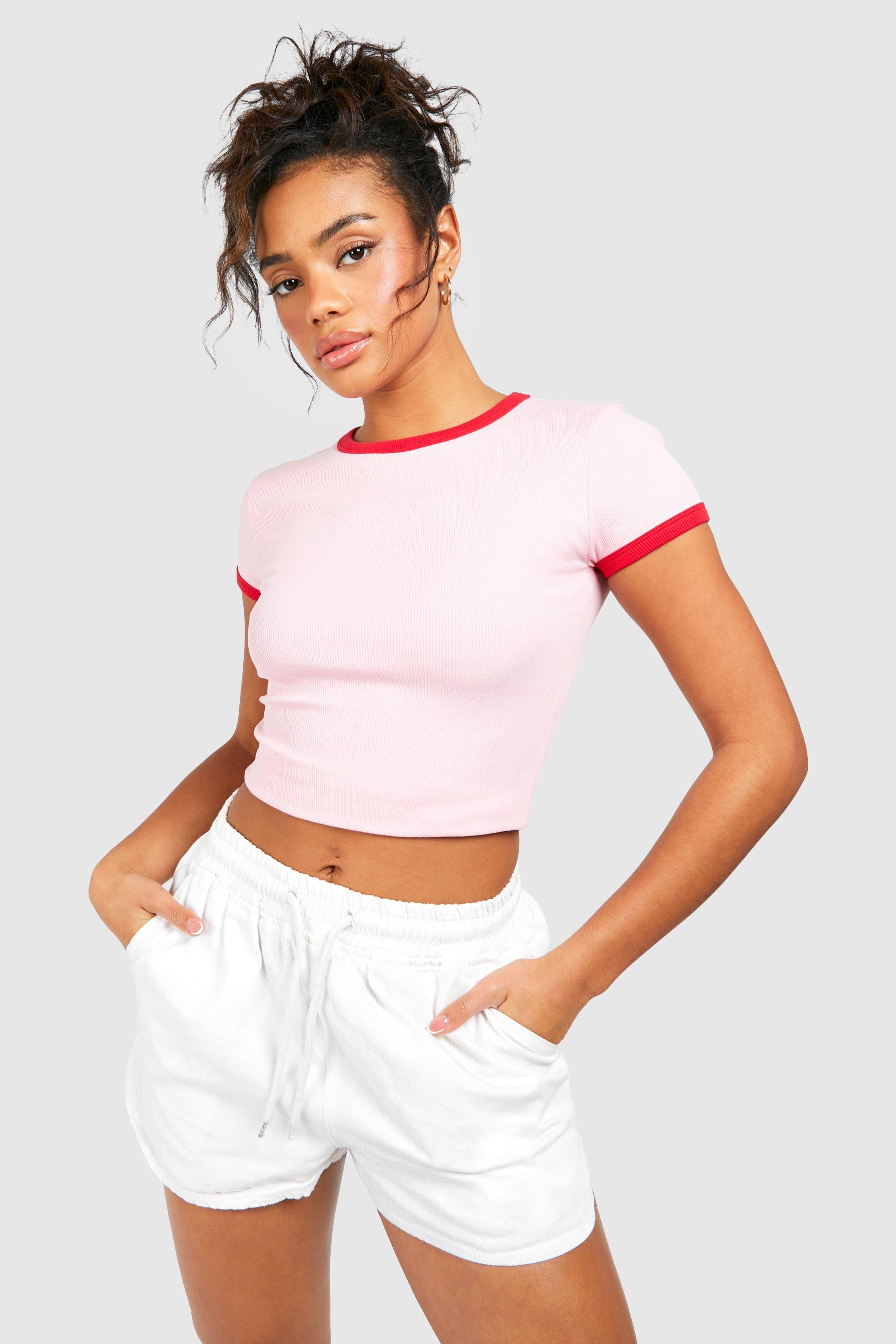 Image of Premium Contrast Rib Cap Sleeve Top, Pink