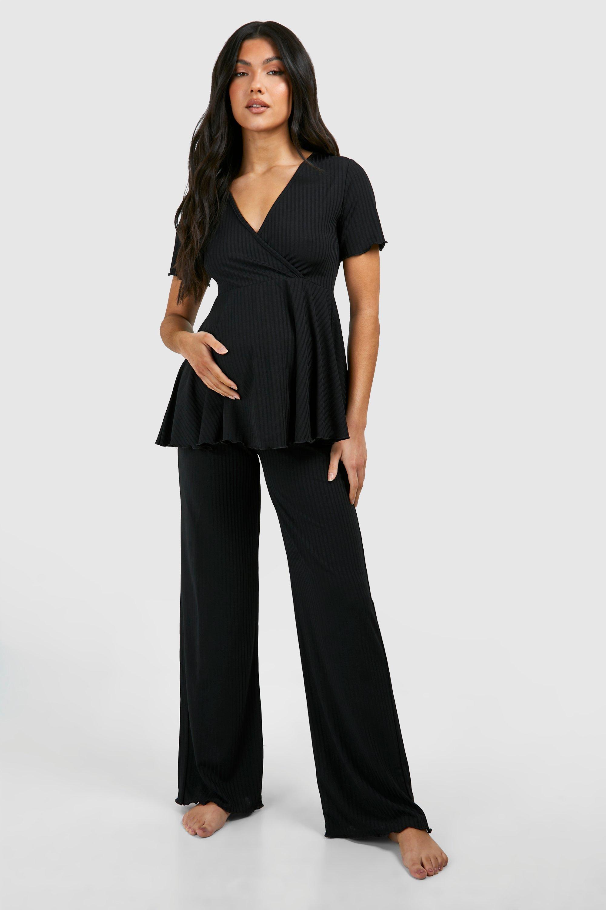 Womens Maternity Rib Peplum Top Wide Leg Lounge Set - Black - 16, Black