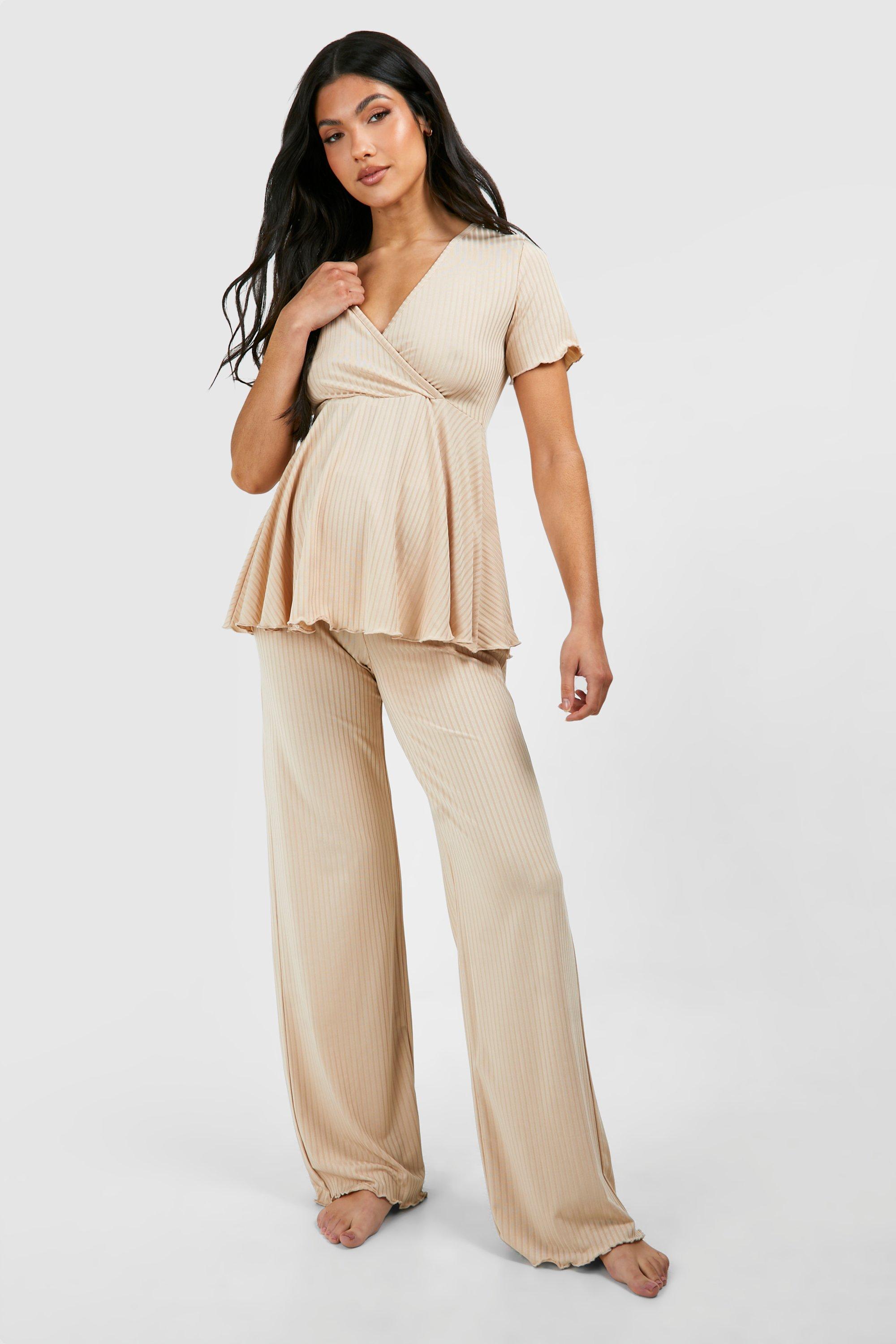 Womens Maternity Rib Peplum Top Wide Leg Lounge Set - Beige - 12, Beige