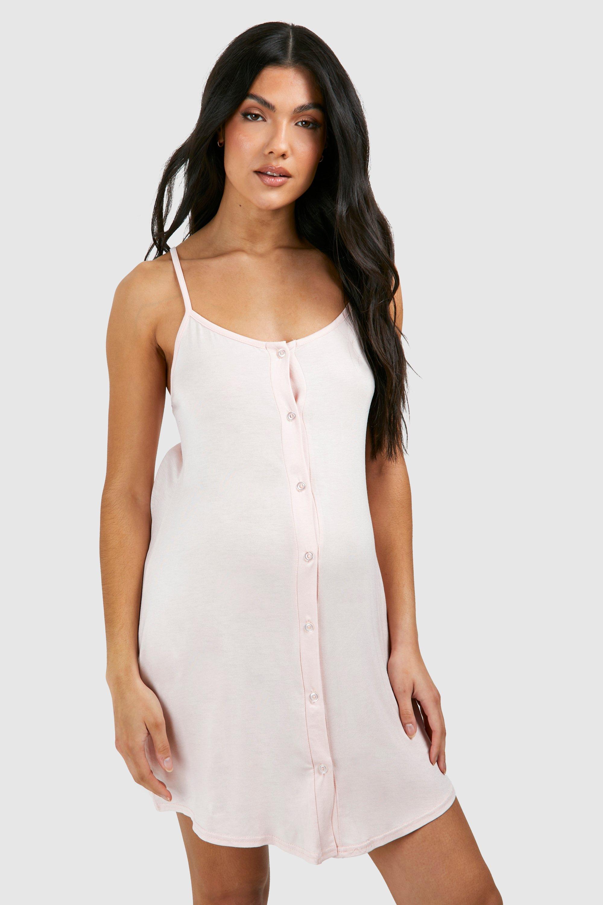 Maternity Button Down Strappy Nightie - Pink - 10
