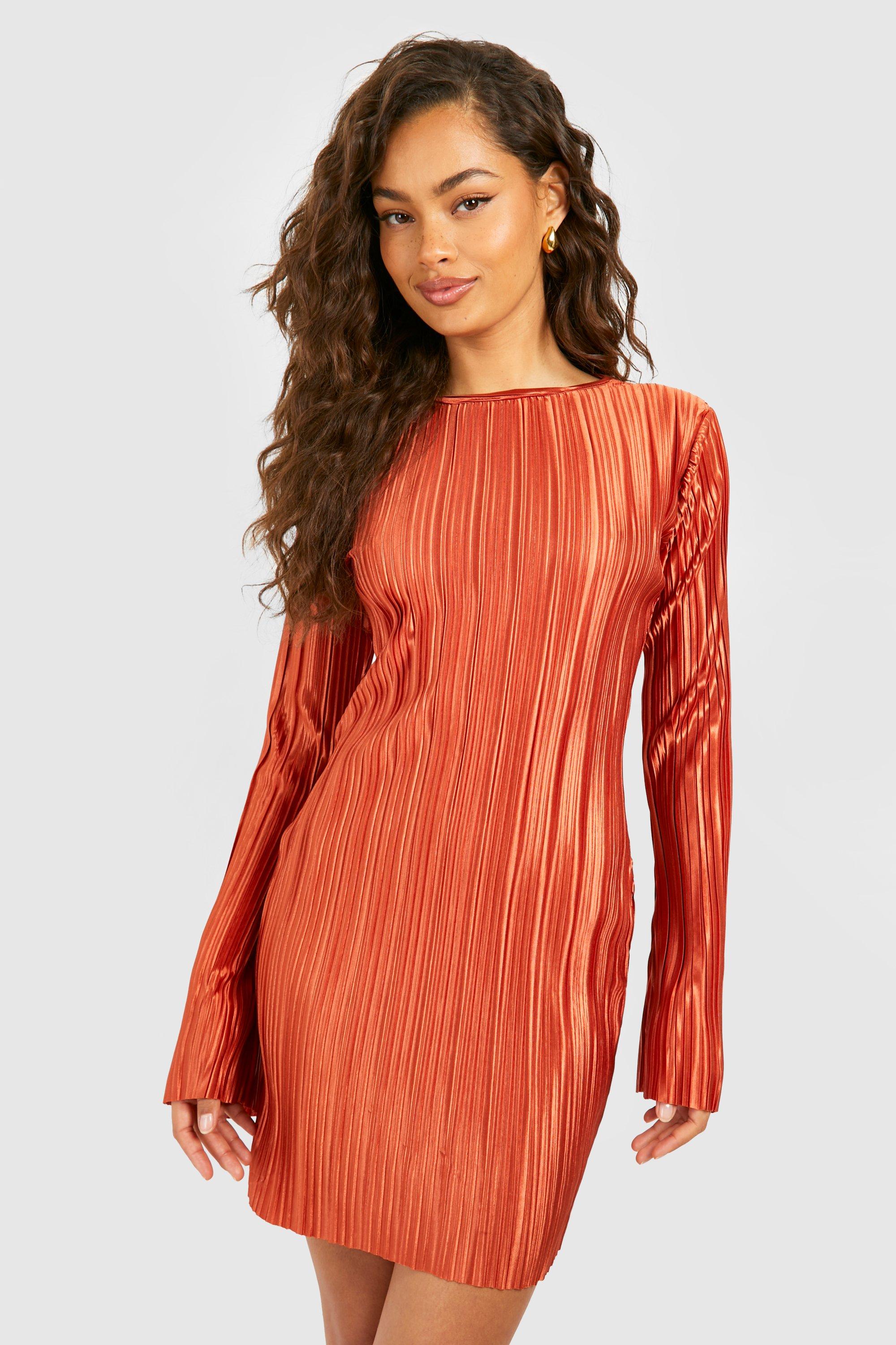 Image of Flare Sleeve Plisse Shift Mini Dress, Arancio
