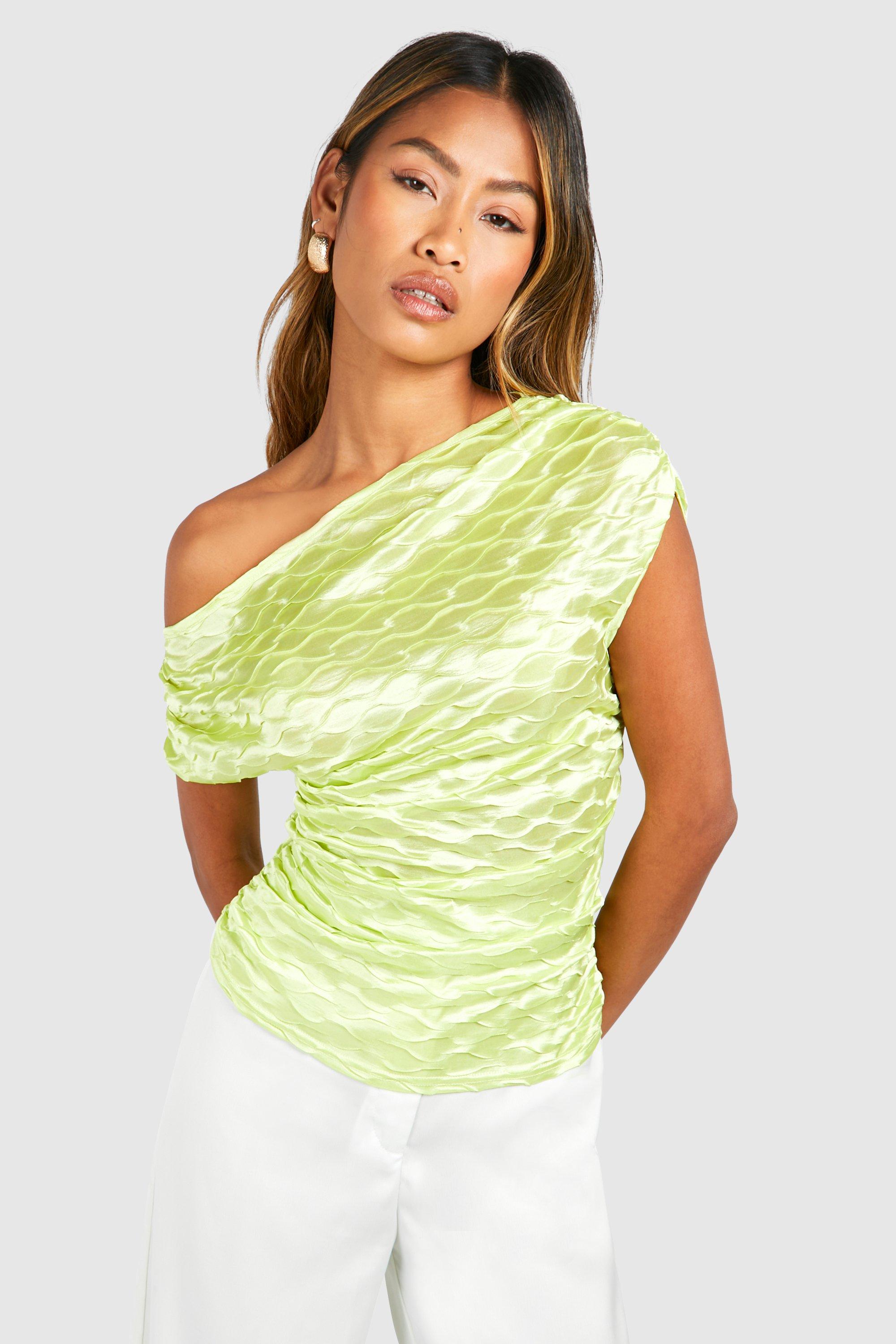 Image of Textured Satin Asymmetric Ruched Top, Verde