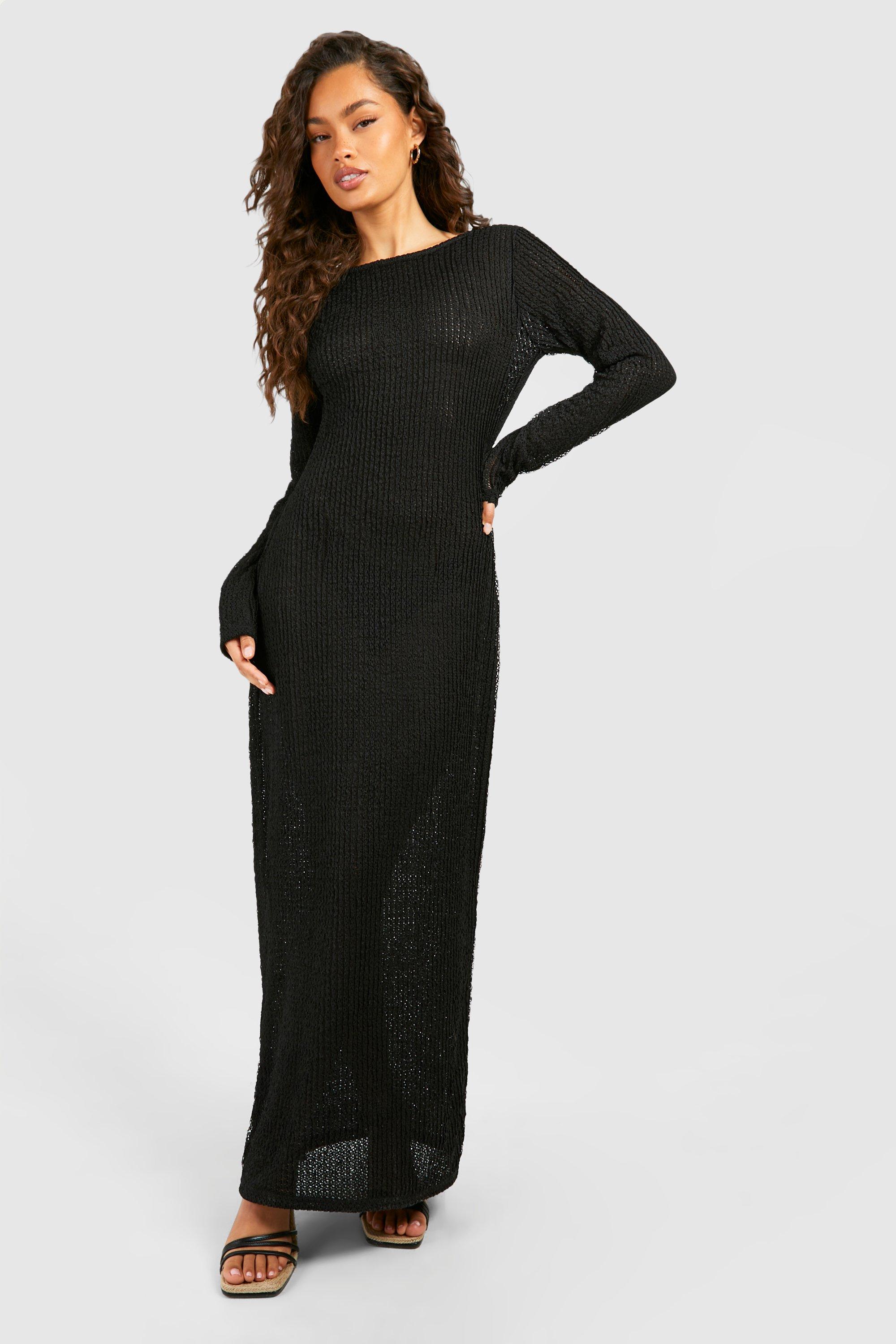 Image of Cowl Back Sheer Knitted Maxi Dress, Nero
