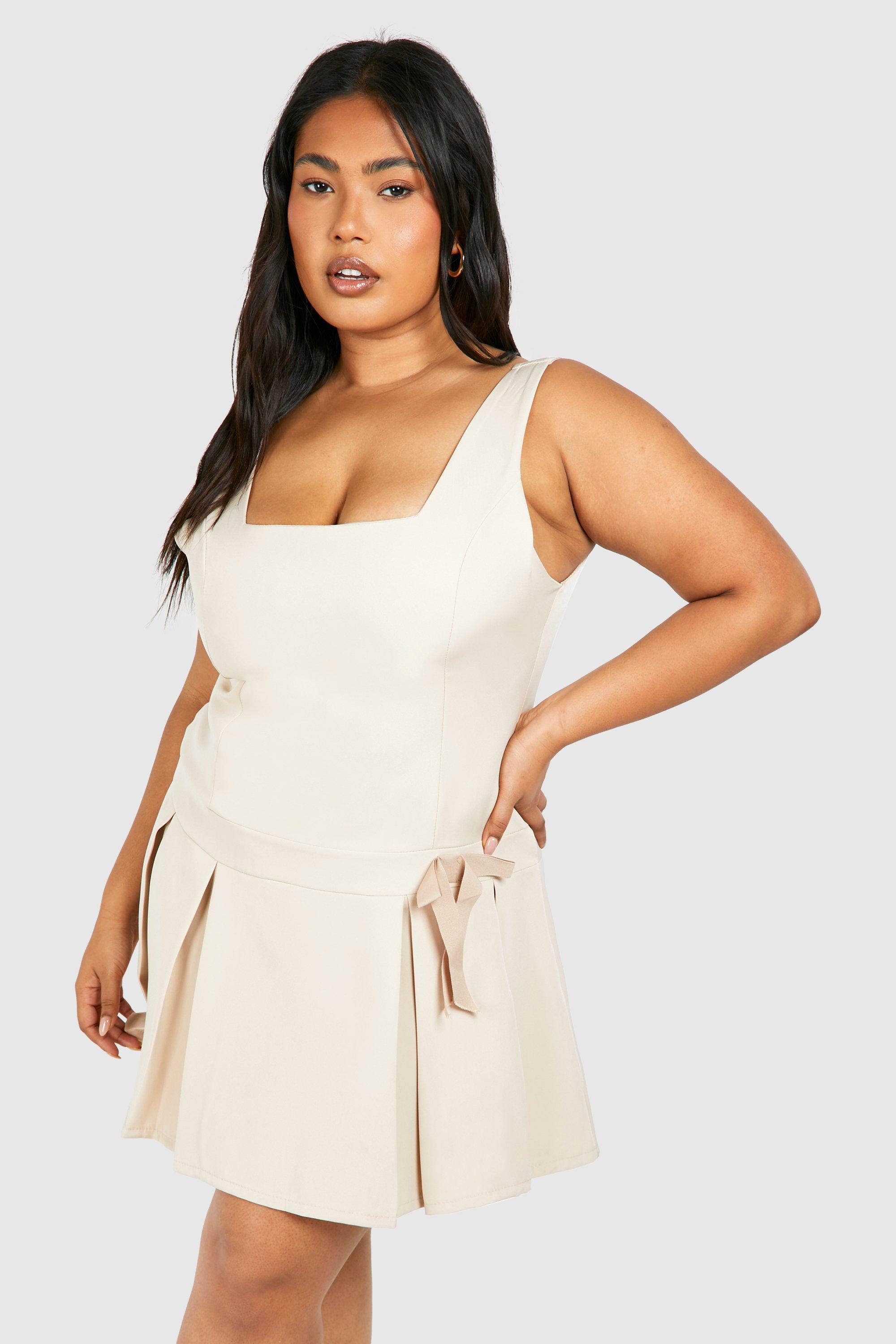 Boohoo Plus Woven Bow Detail Strappy Skater Dress, Sand