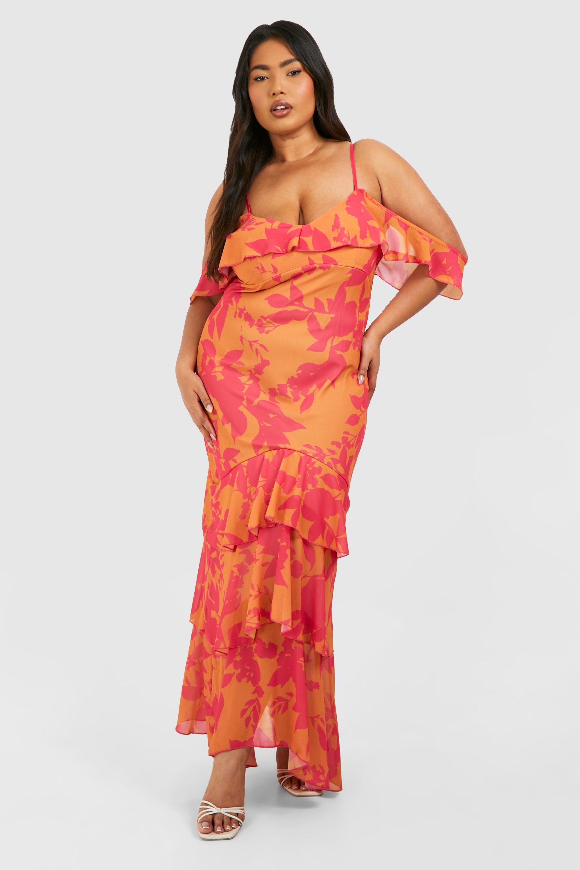 Image of Plus Floral Print Chiffon Frill Detail Midaxi Dress, Arancio