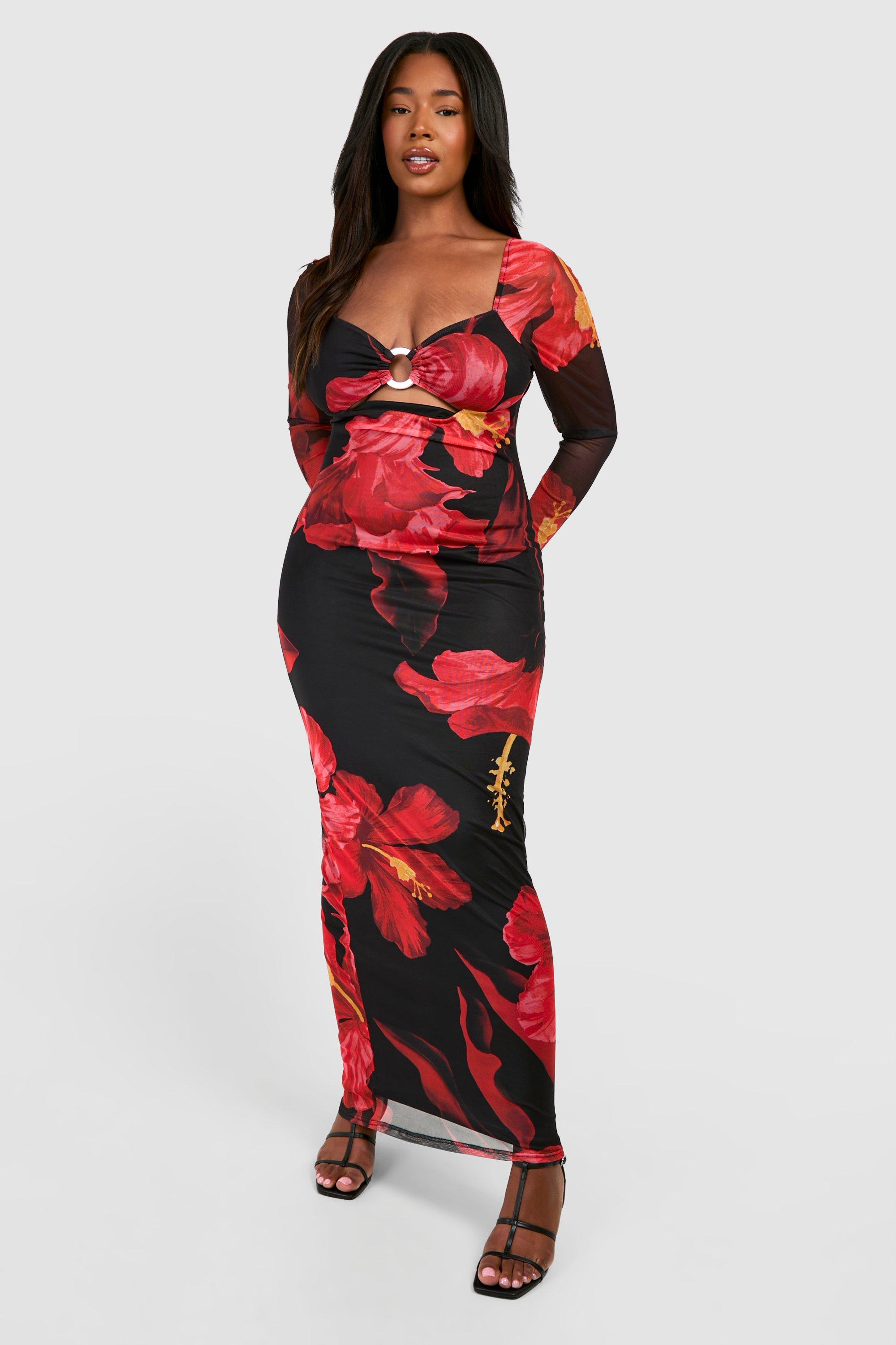 Image of Plus Floral Print Ring Detail Maxi Dress, Multi