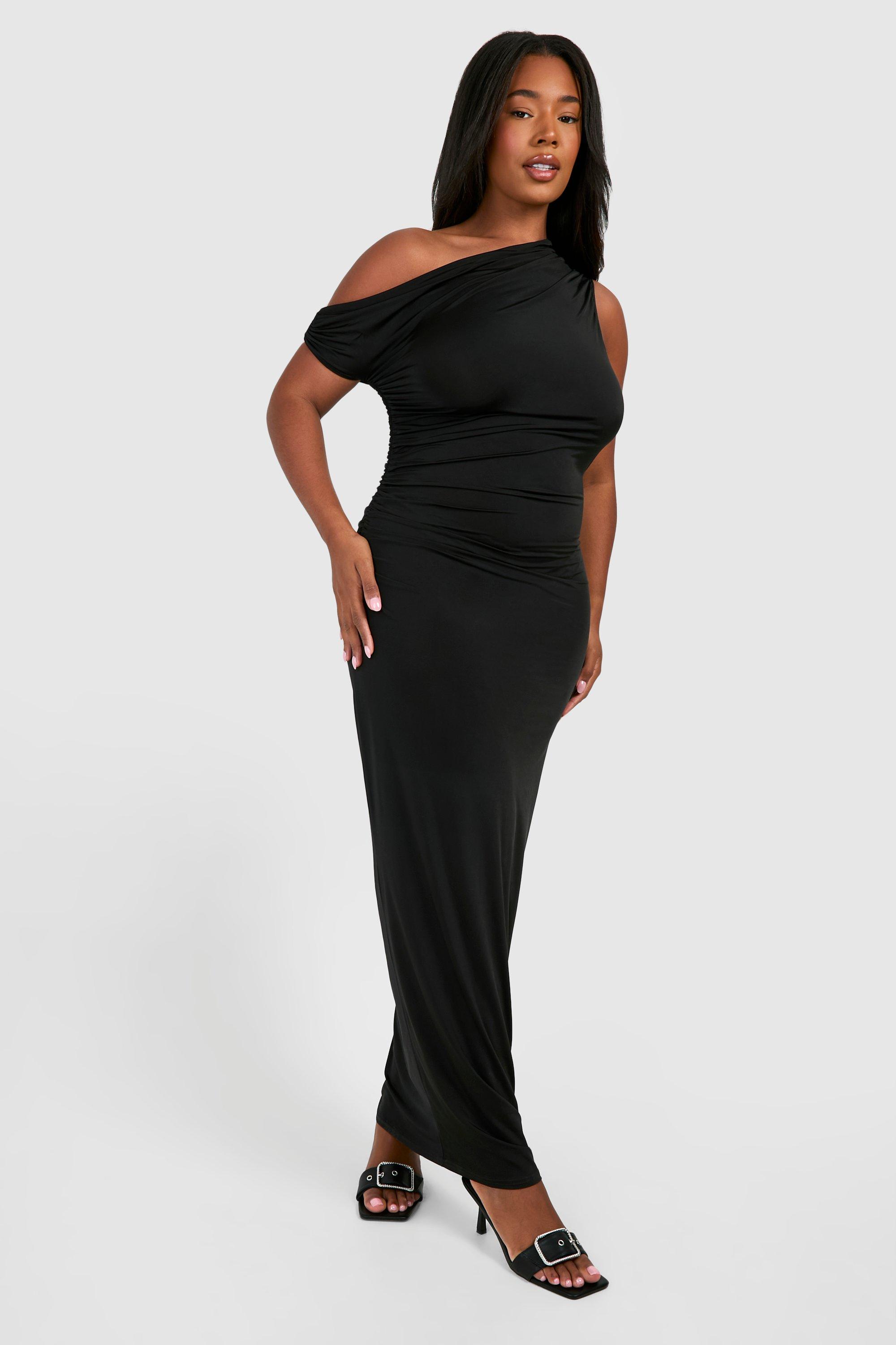 Boohoo Plus Twisted Ring Detail Off The Shoulder Asymmetric Maxi Dress, Black