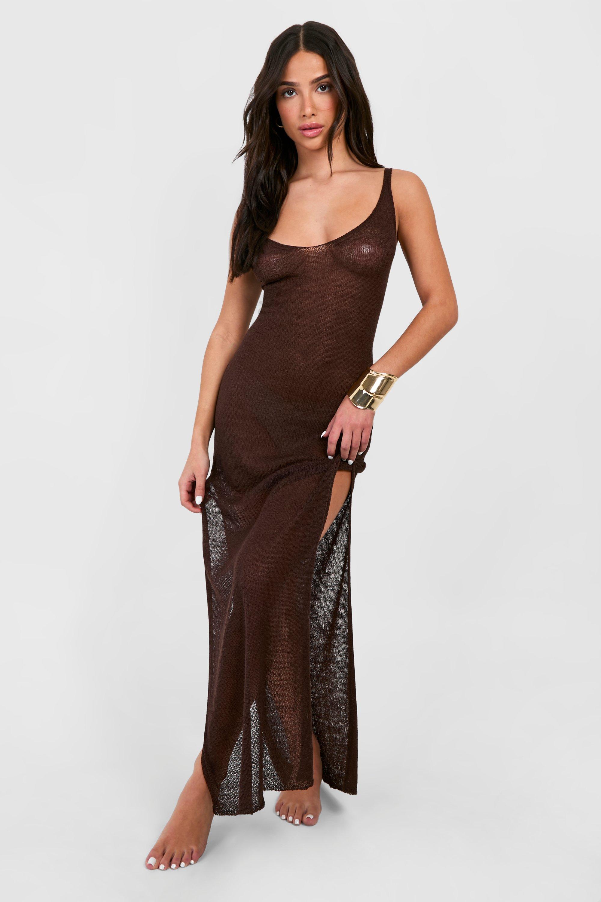 Image of Petite Sheer Knit Maxi Beach Dress, Brown