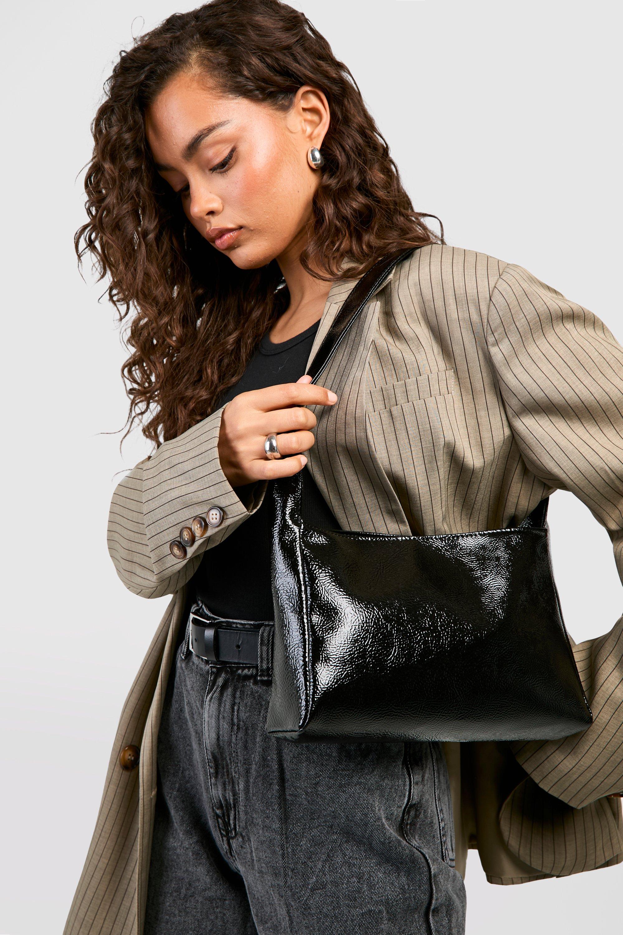 Image of Textured Patent Shoulder Bag, Nero