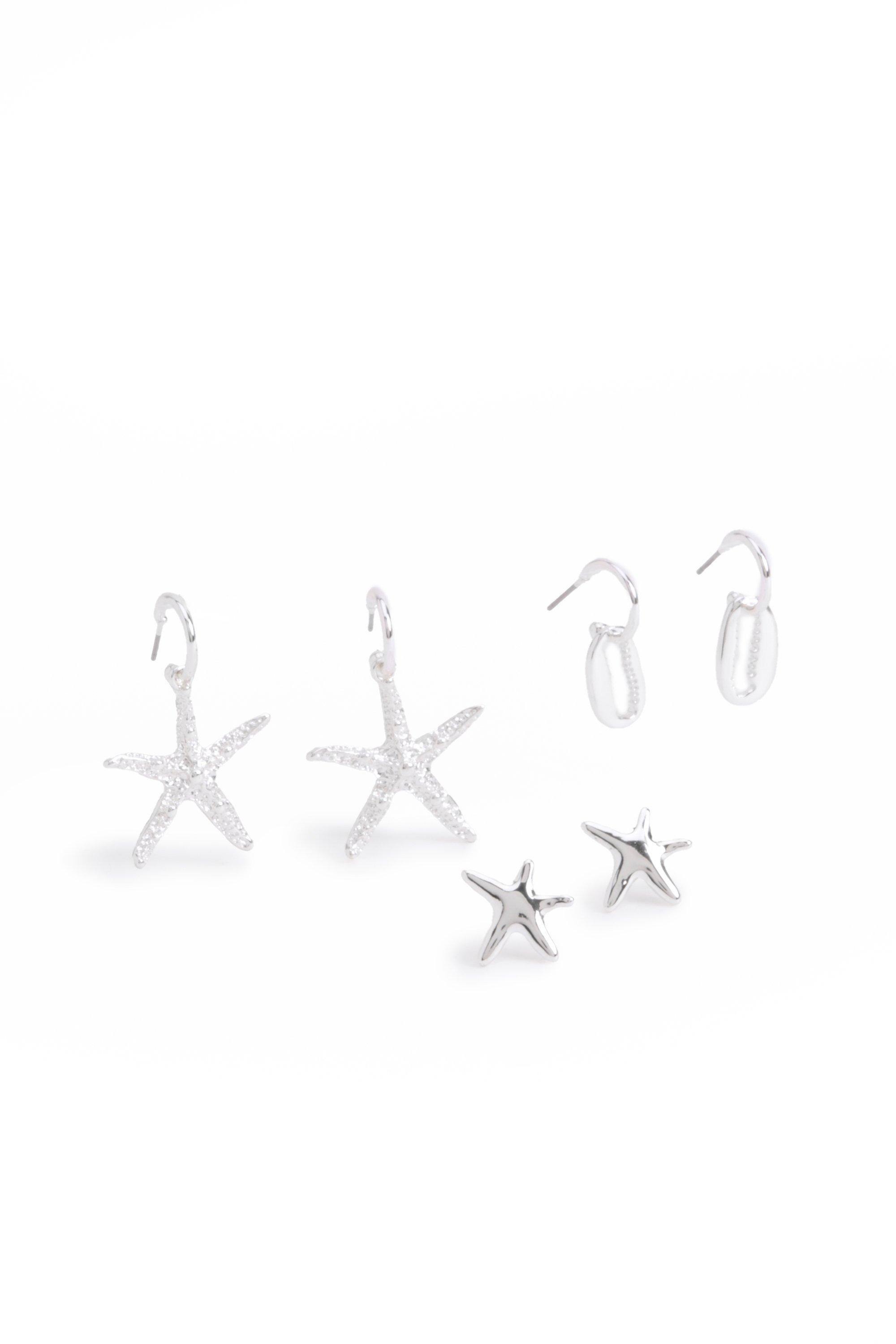 Womens Silver 3 Pack Sea Detail Earrings - Grey - One Size, Grey