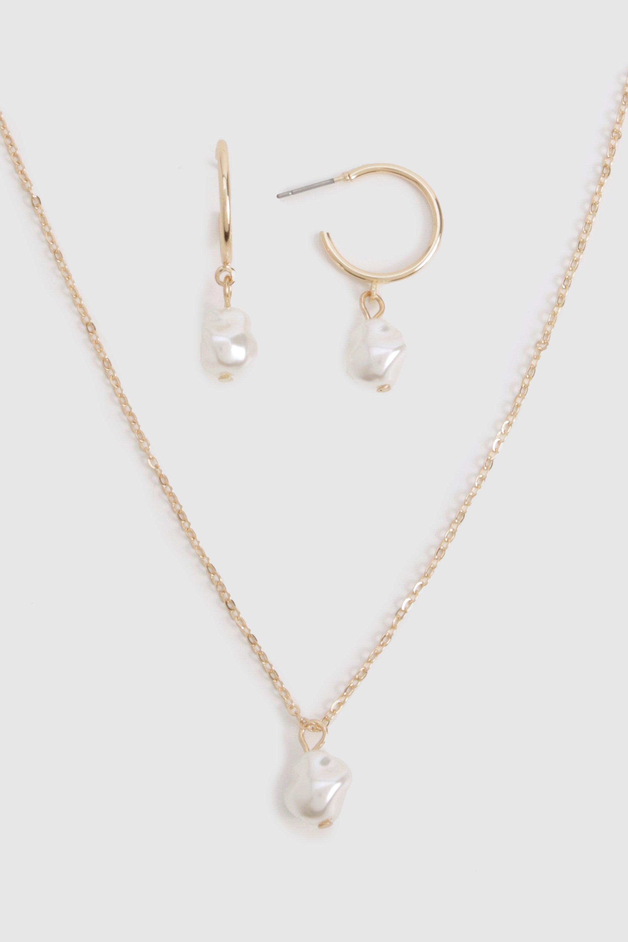 Image of Drop Pearl Hoop Earrings And Necklace Set, Metallics