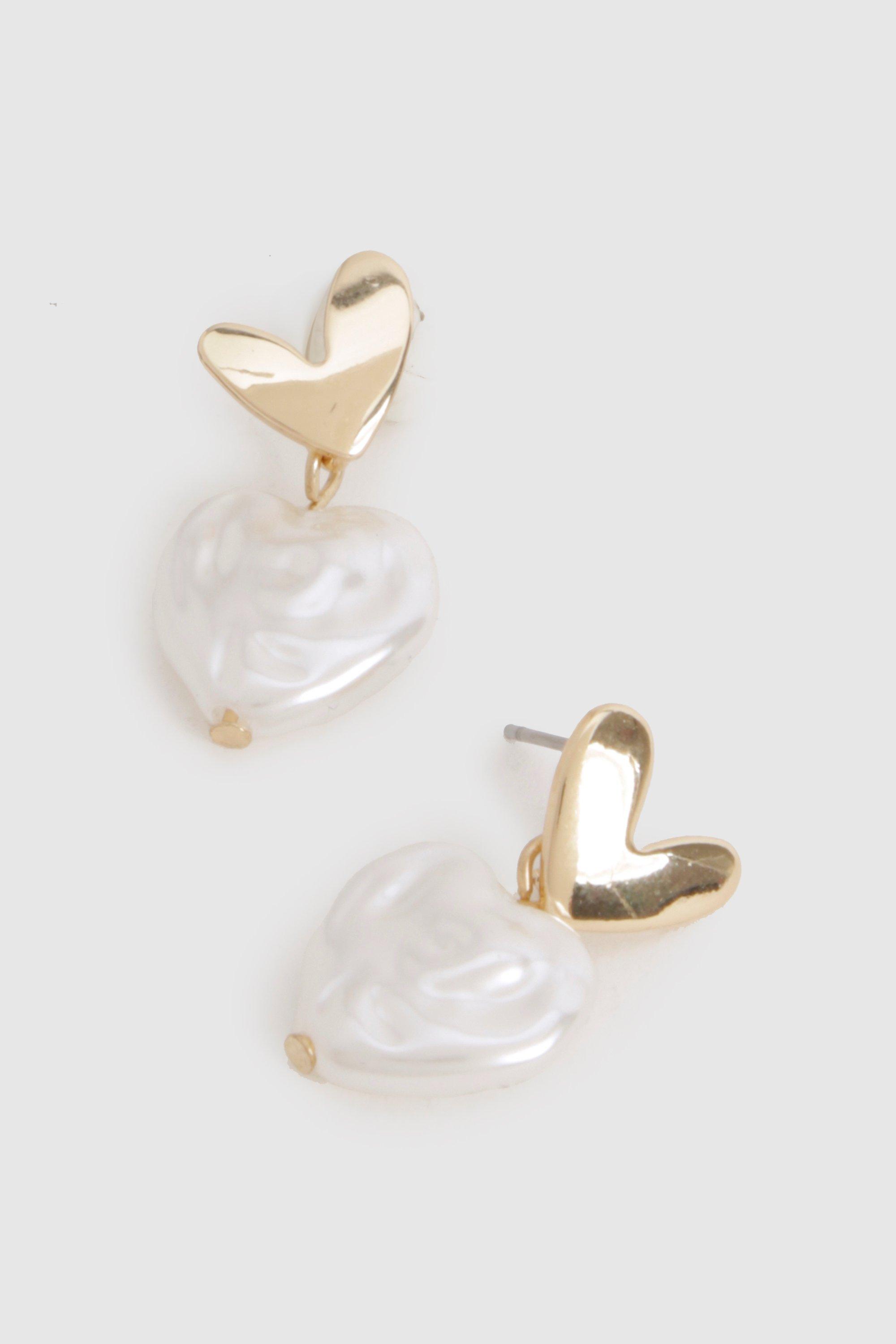 Womens Heart Pearl Drop Earrings - Gold - One Size, Gold