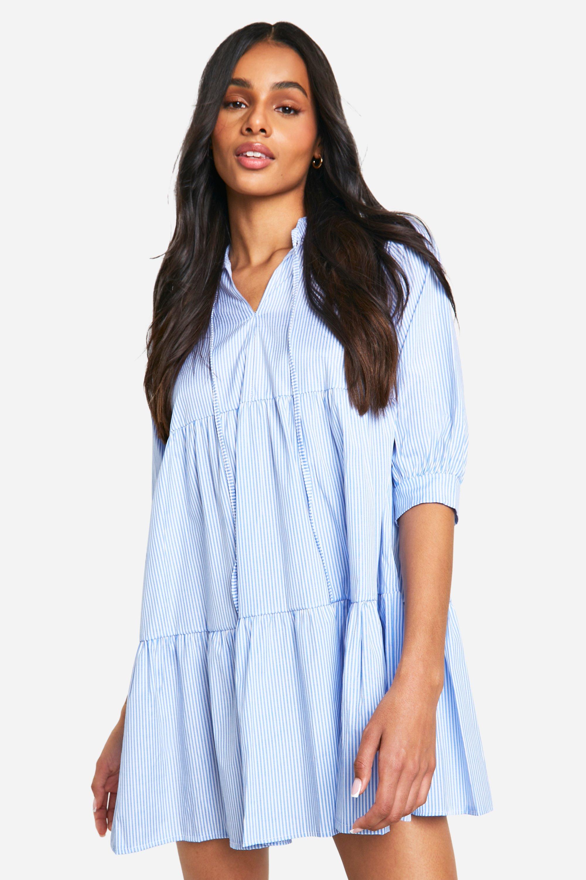 Womens Tall Woven Pinstripe Smock Dress - Blue - 14, Blue