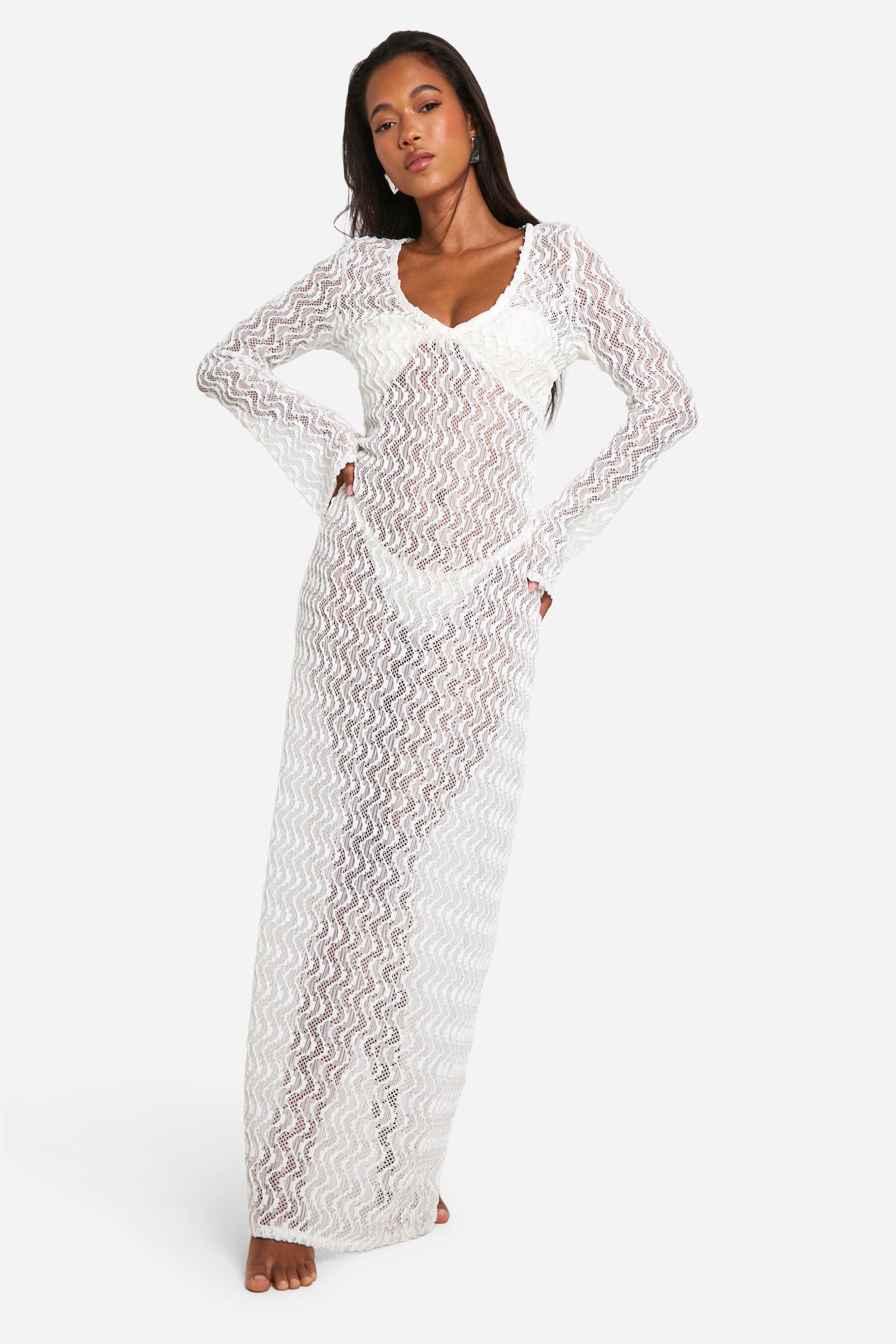 Image of Textured Lace Beach Maxi Cover-up Dress, Bianco