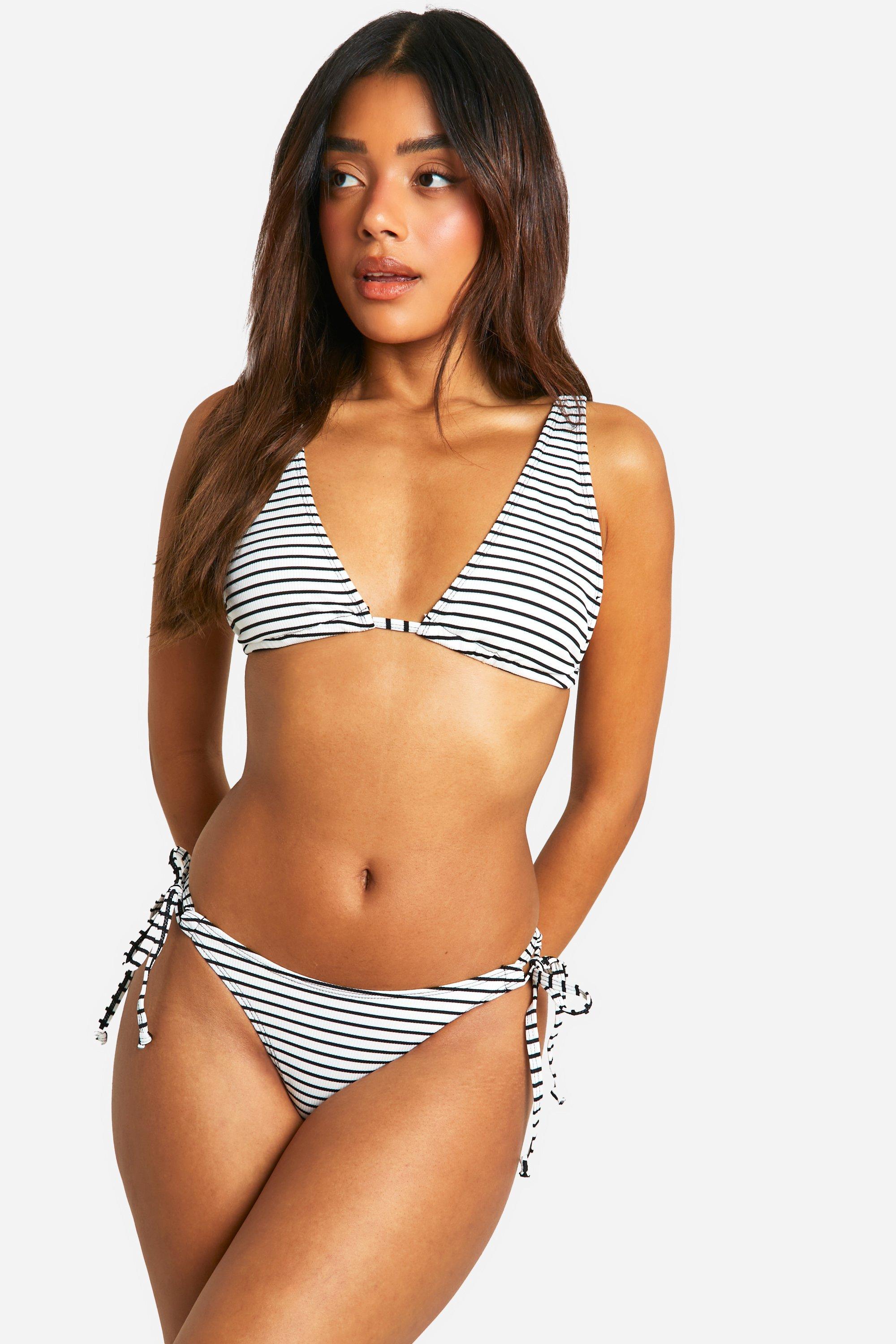 Image of Mono Stripe Rib Tie Side Bikini Brief, Bianco