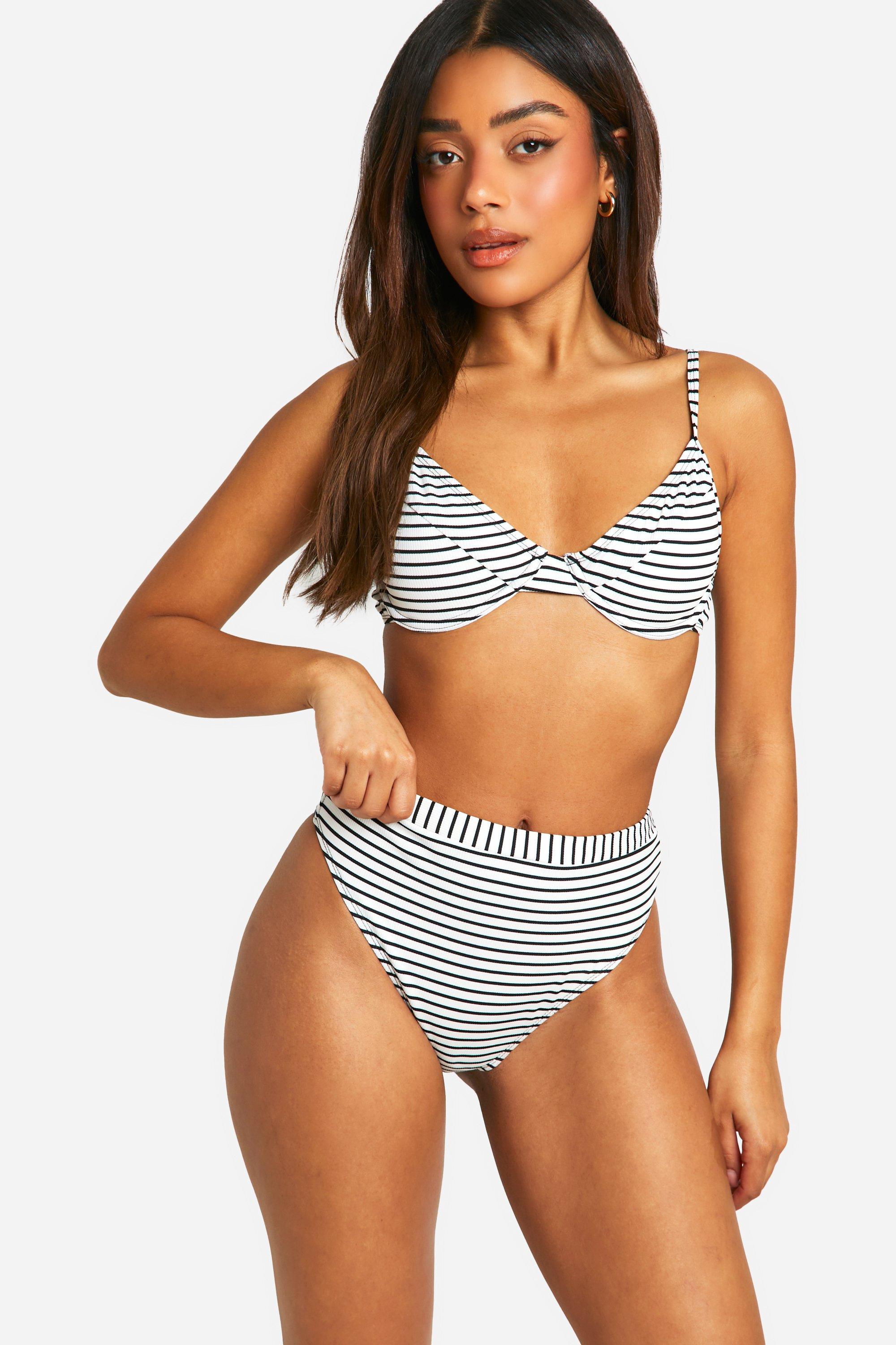 Image of Mono Stripe Rib High Waisted Bikini Brief, Bianco