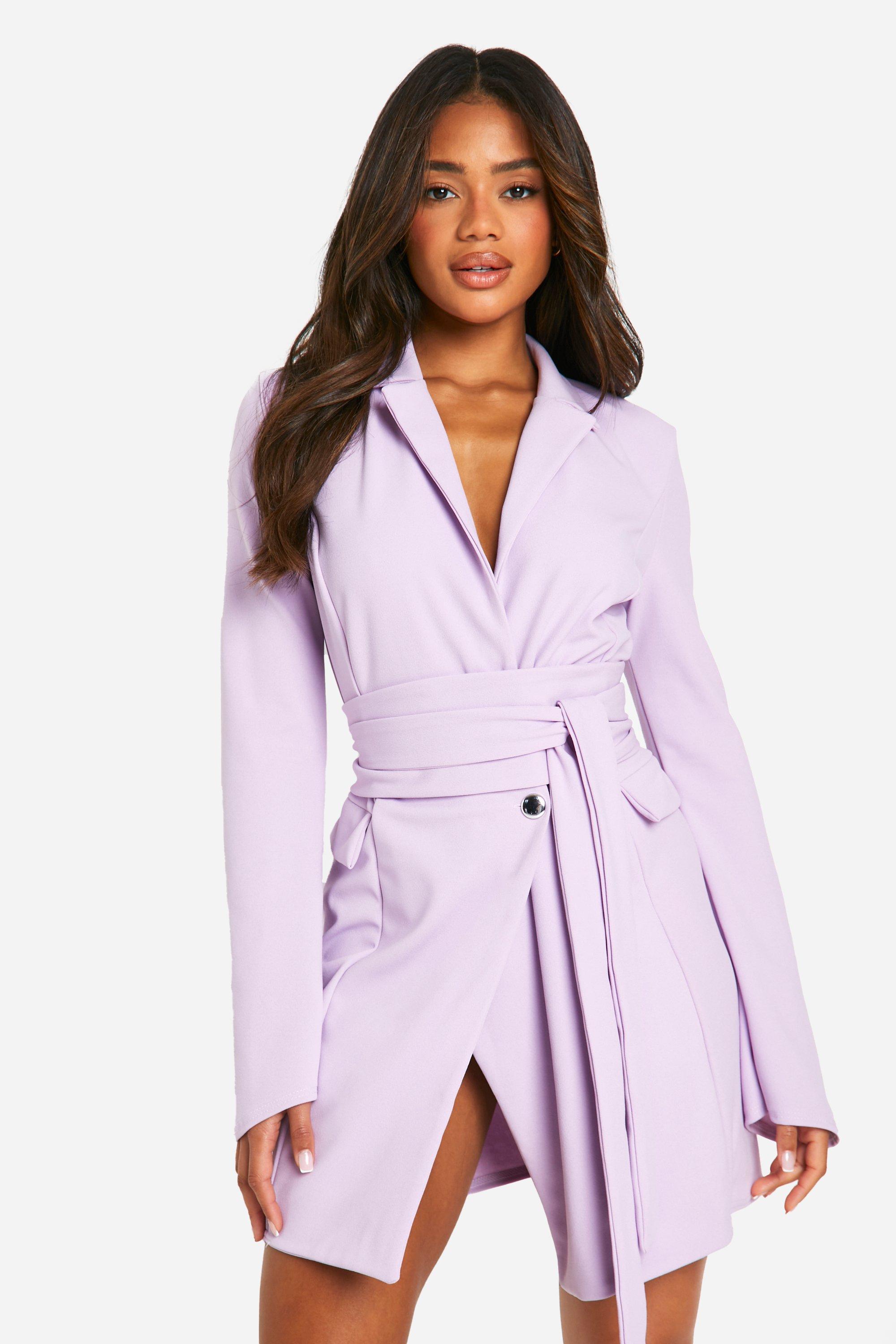 Image of Tie Waist Long Sleeve Blazer Dress, Purple