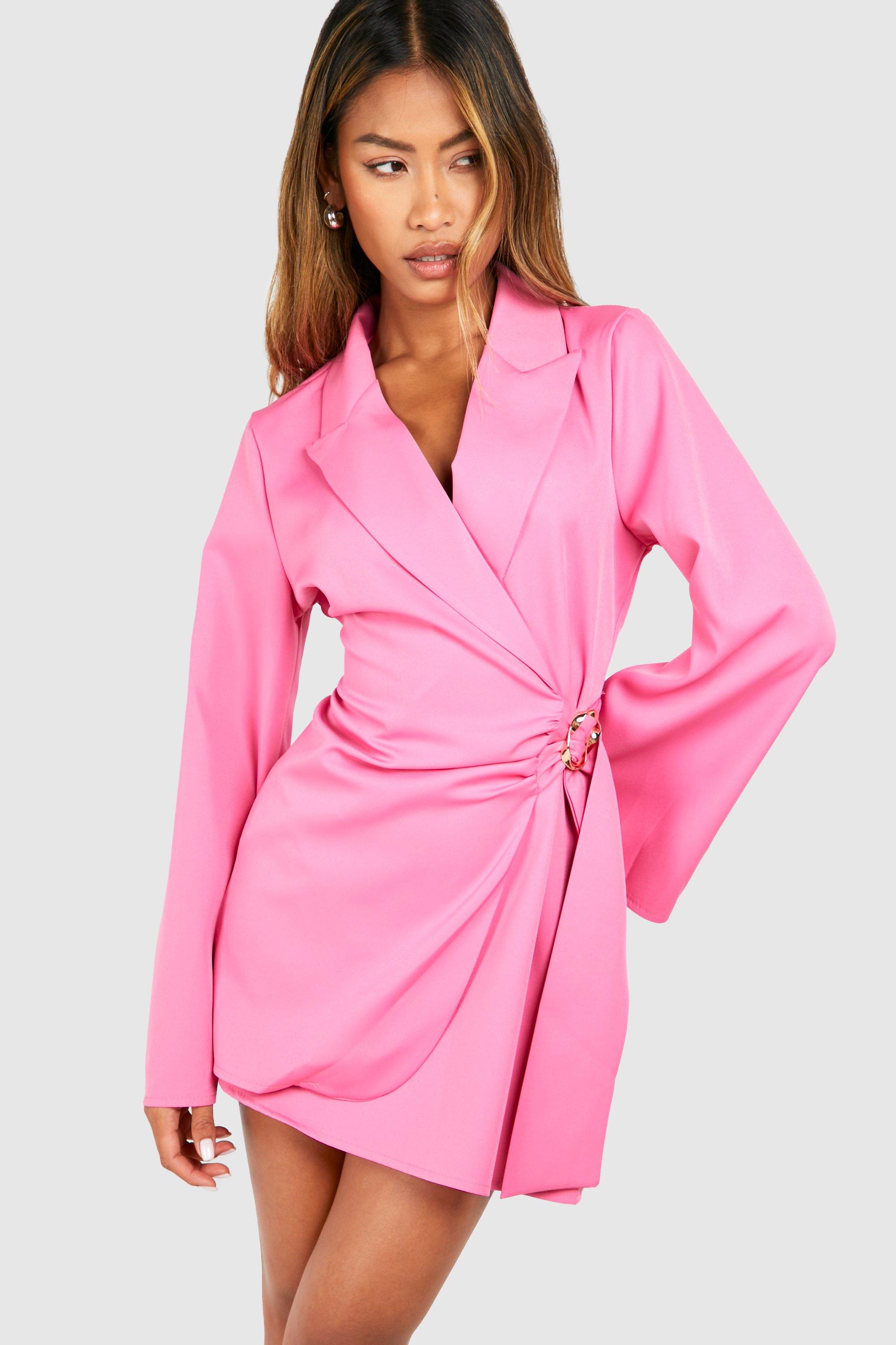 Image of Buckle Detail Tie Waist Tailored Blazer Dress, Pink