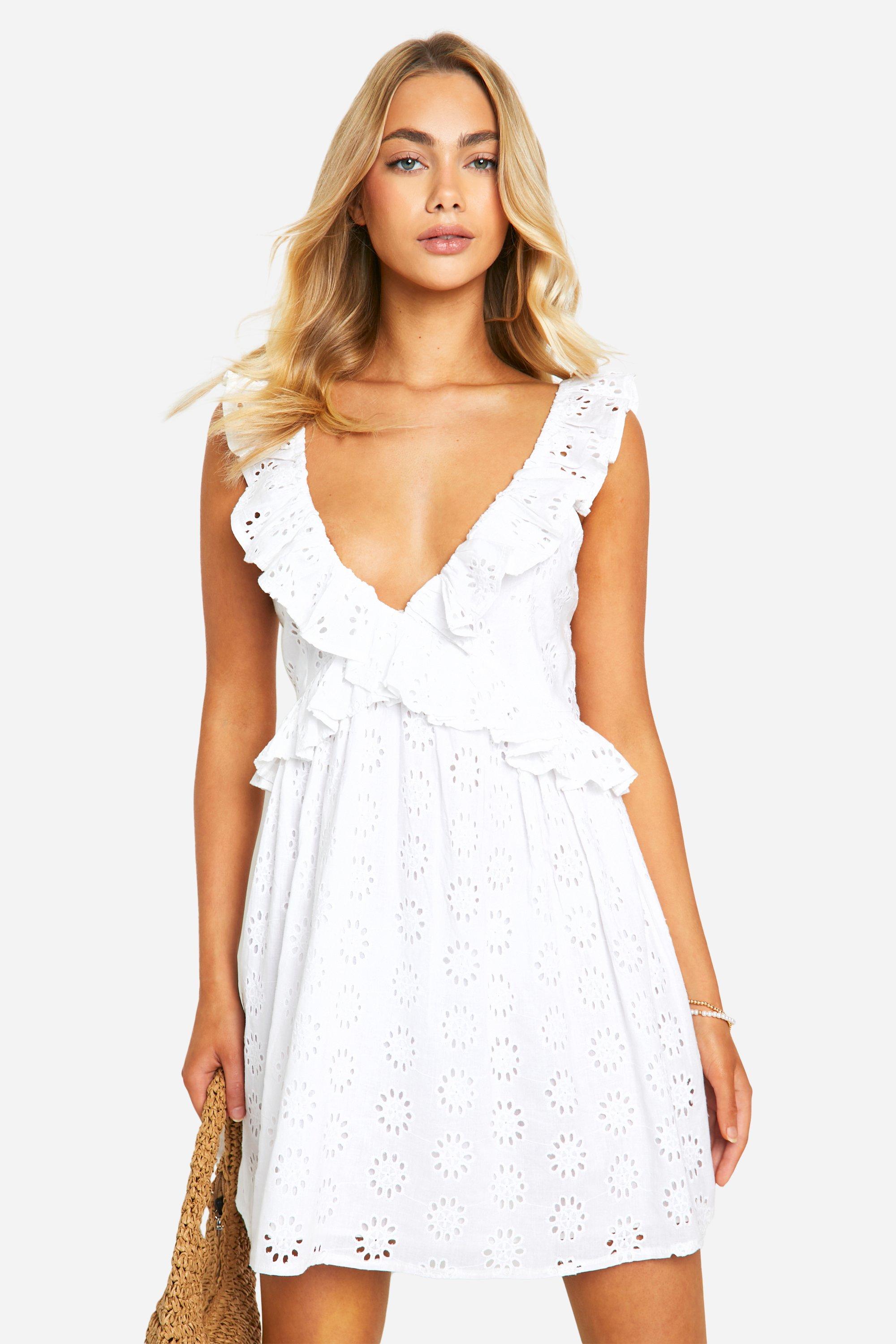 Boohoo Broderie Ruffle Plunge Mini Dress, White