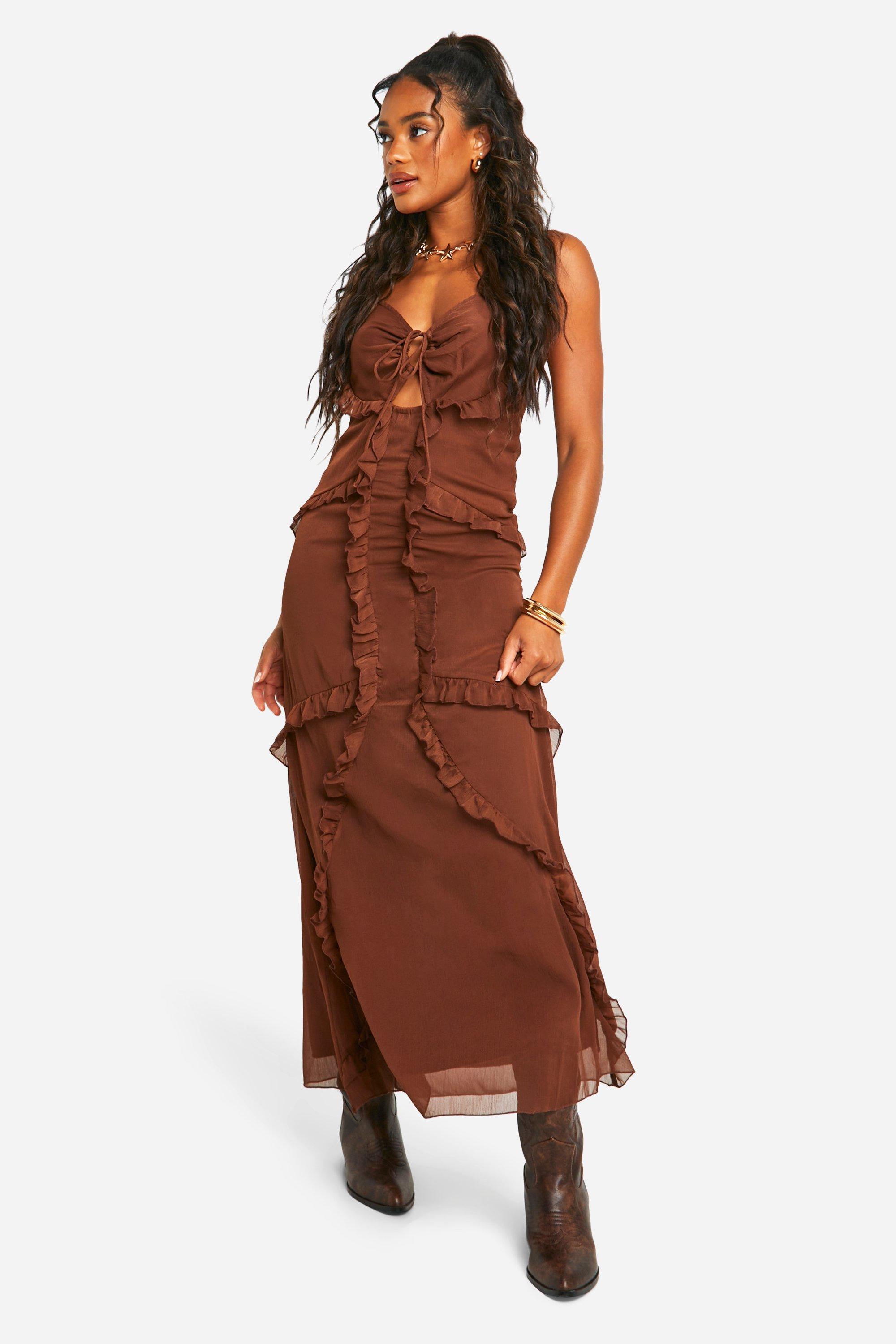 Womens Chiffon Ruffle Maxi Dress - Brown - 10, Brown