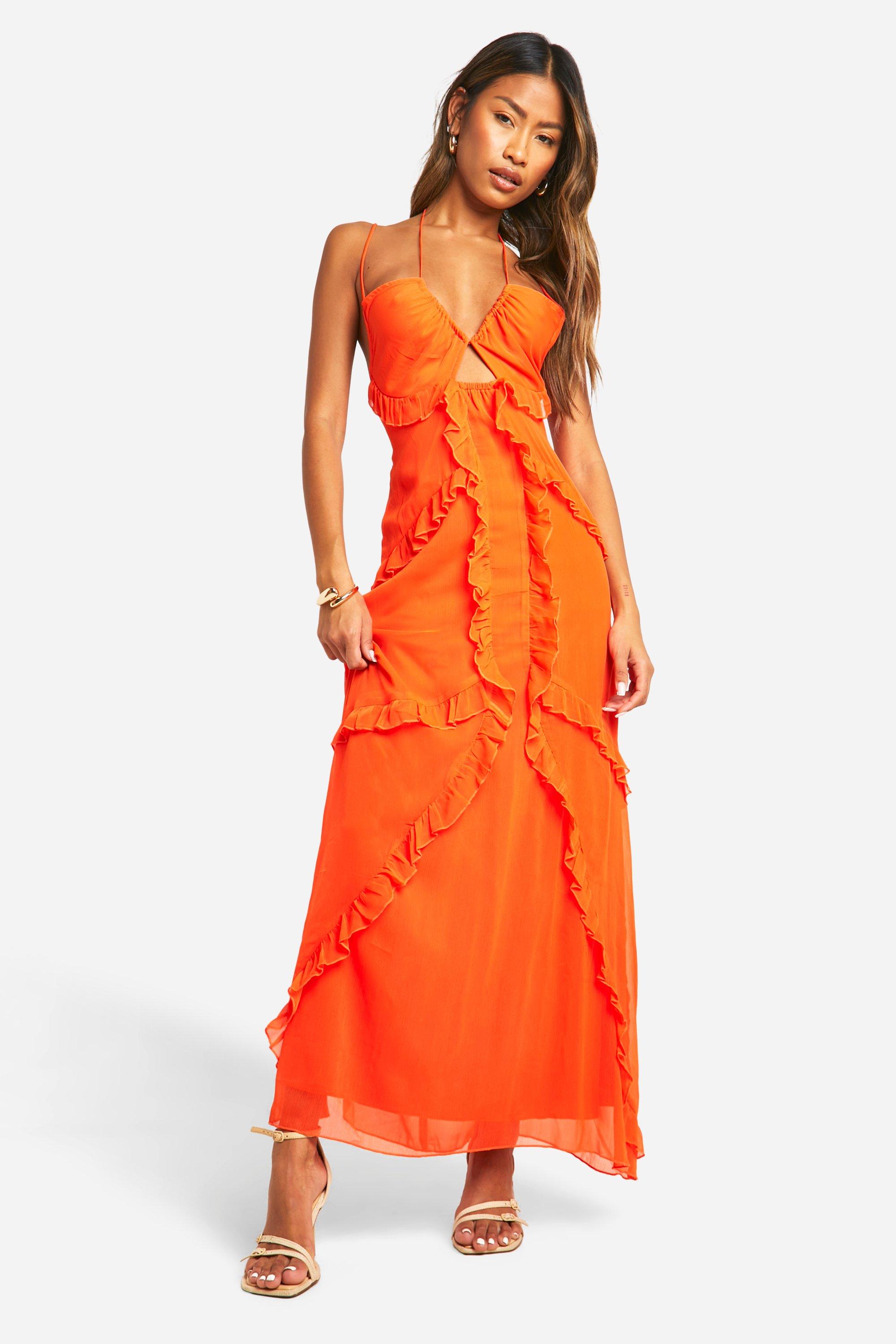 Womens Chiffon Ruffle Maxi Dress - Orange - 14, Orange