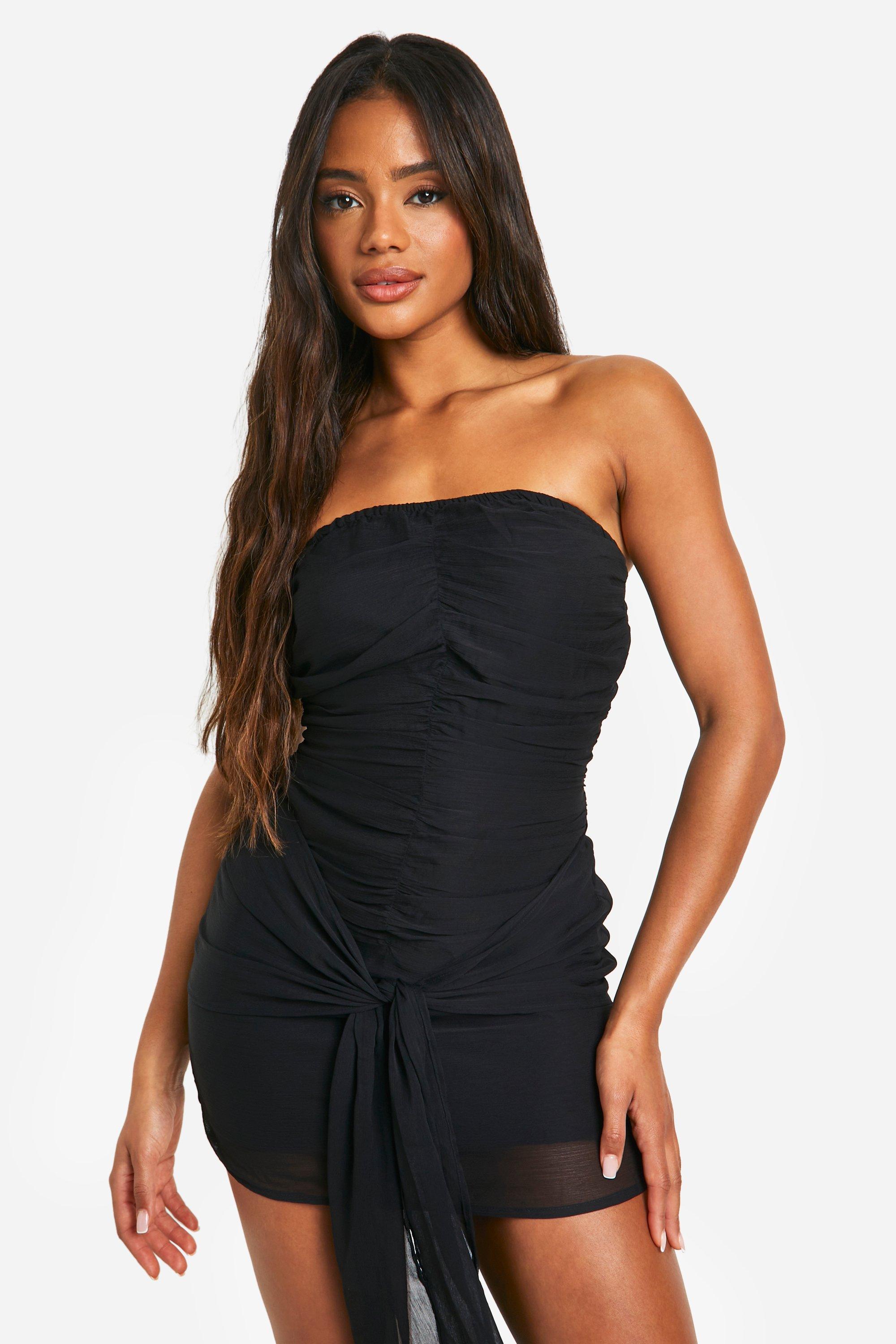 Womens Chiffon Bandeau Tie Detail Mini Dress - Black - 14, Black