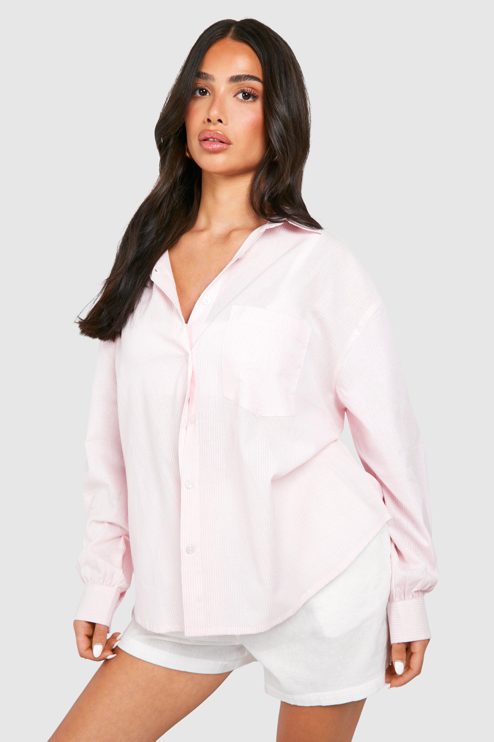 Image of Petite Cotton Oversized Striped Shirt, Pink