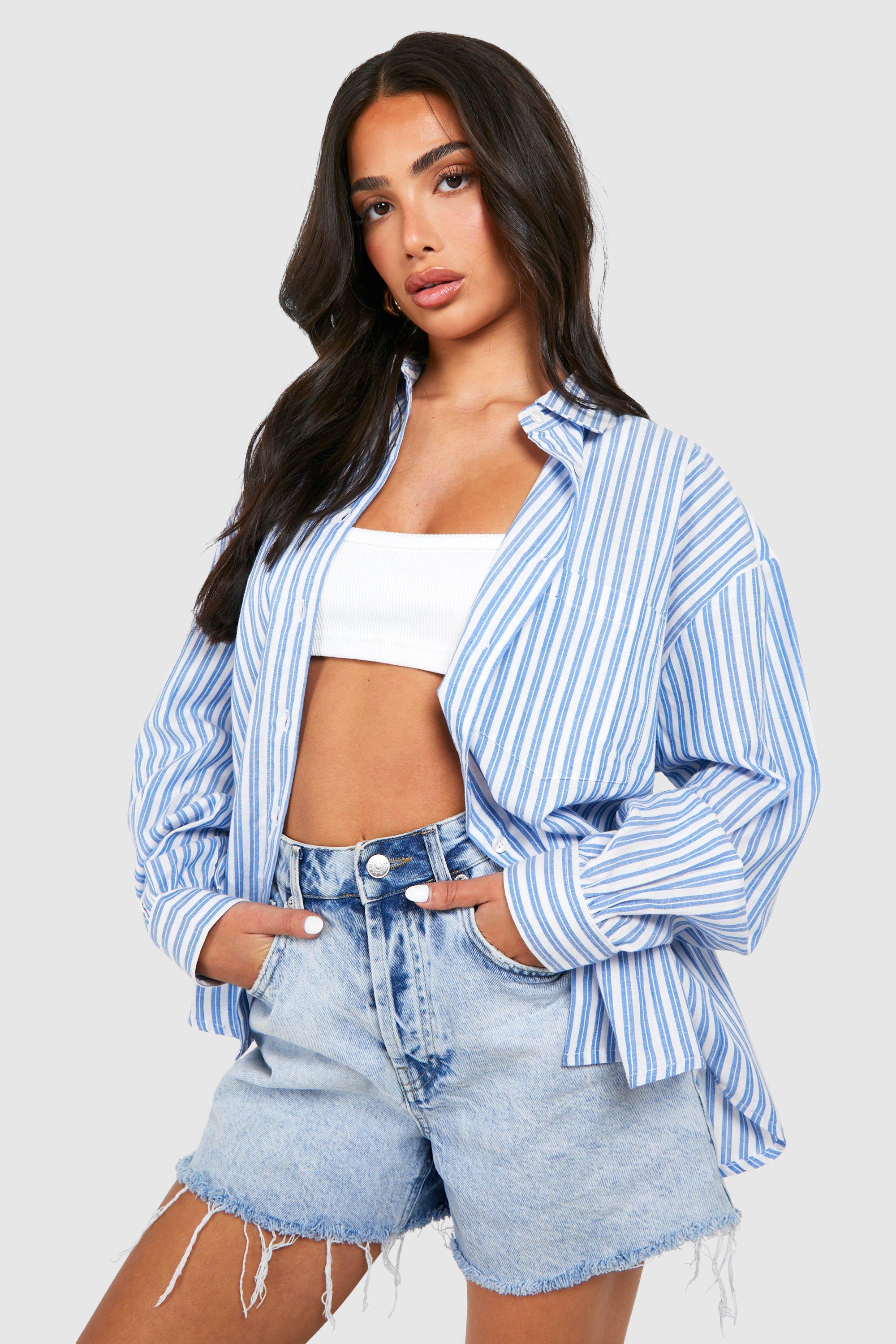 Image of Petite Cotton Oversized Striped Shirt, Azzurro