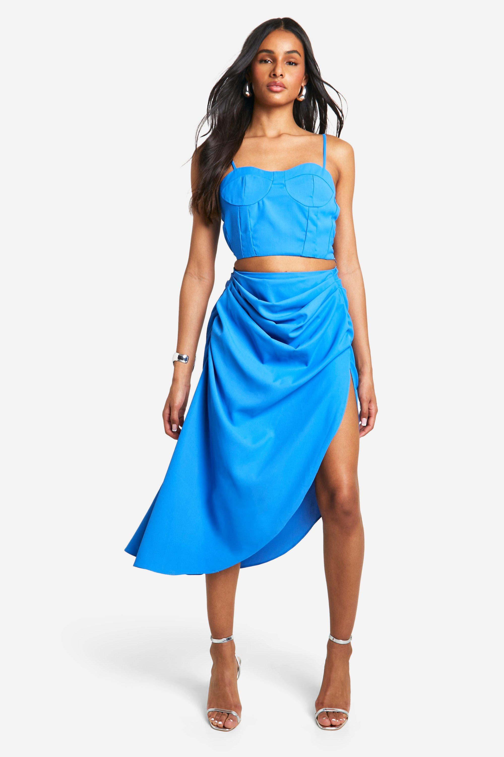 Boohoo Tall Ruched Asymmetric Skirt, Blue