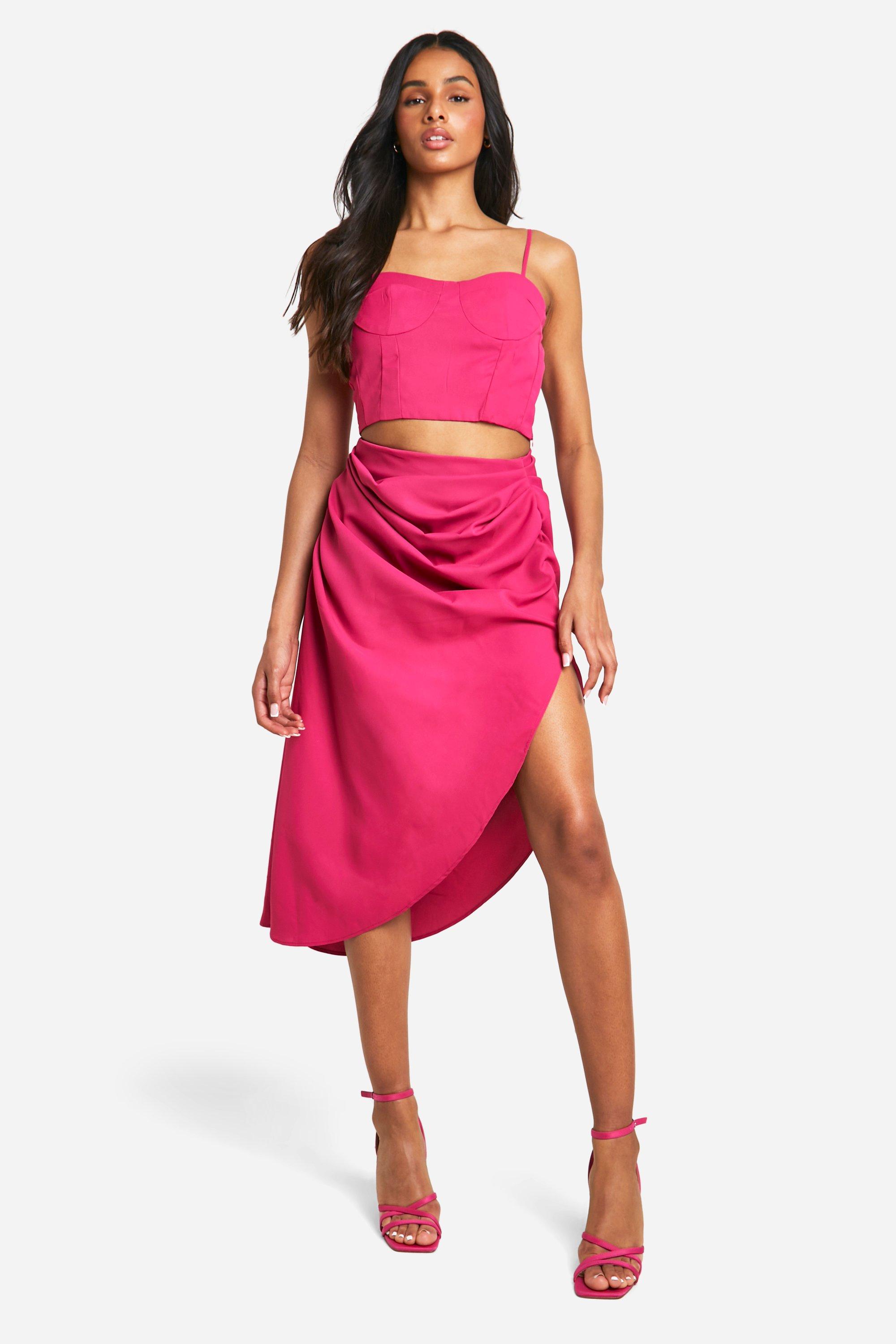 Boohoo Tall Ruched Asymmetric Skirt, Hot Pink