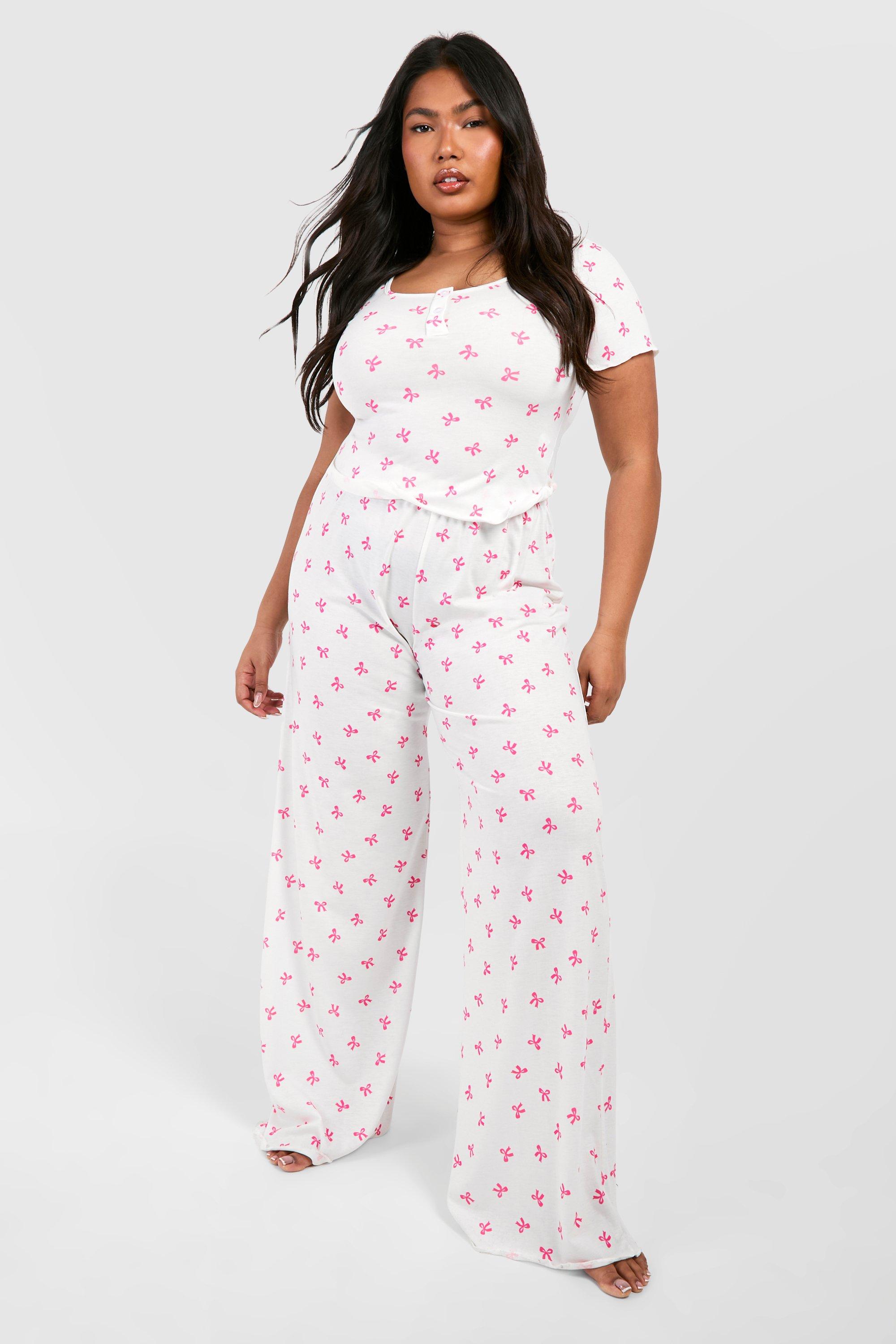 Womens Plus Bow Print Jersey Top & Trouser Pj Set - White - 28, White