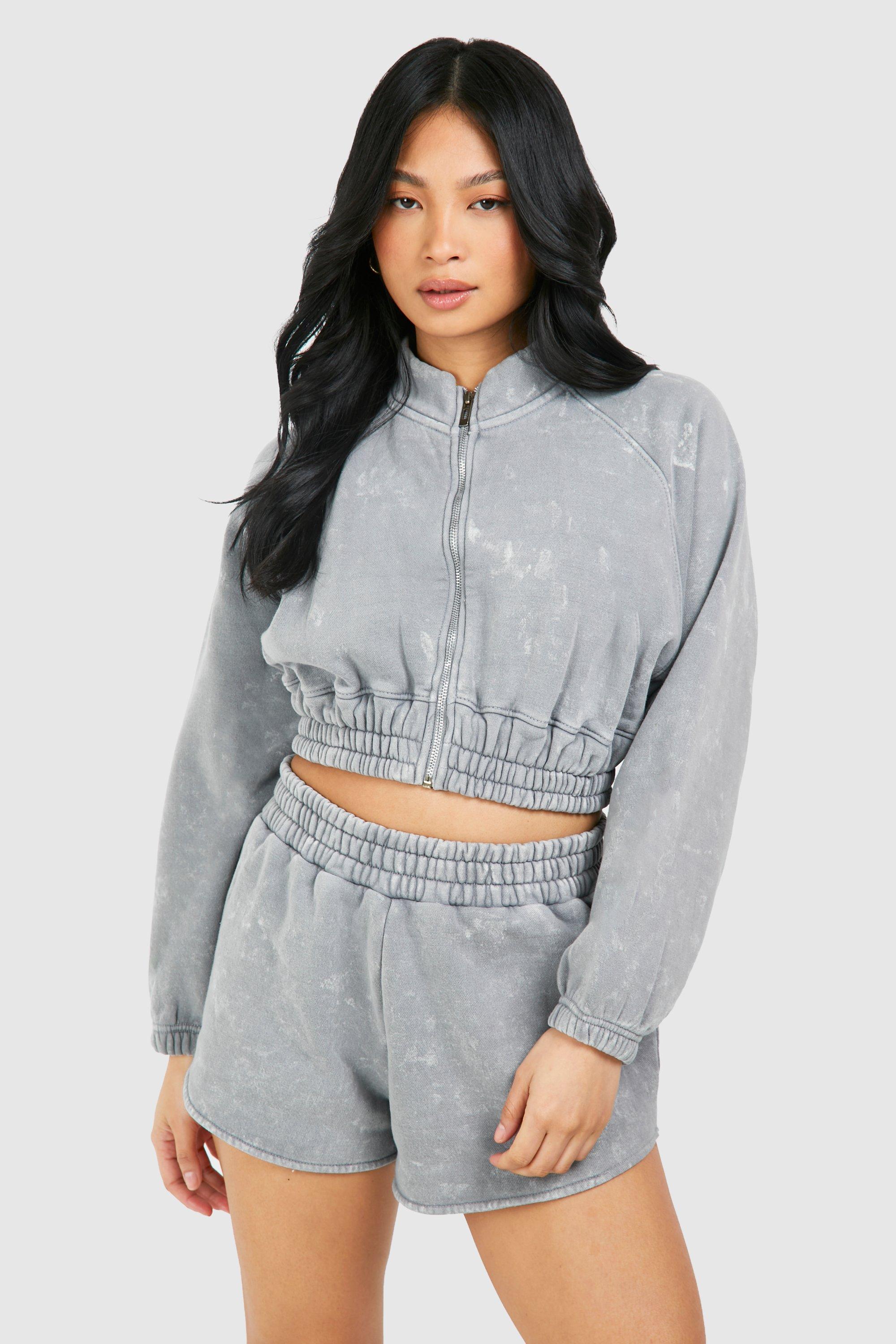 Womens Petite Washed Cropped Bomber Short Tracksuit - Grey - L, Grey