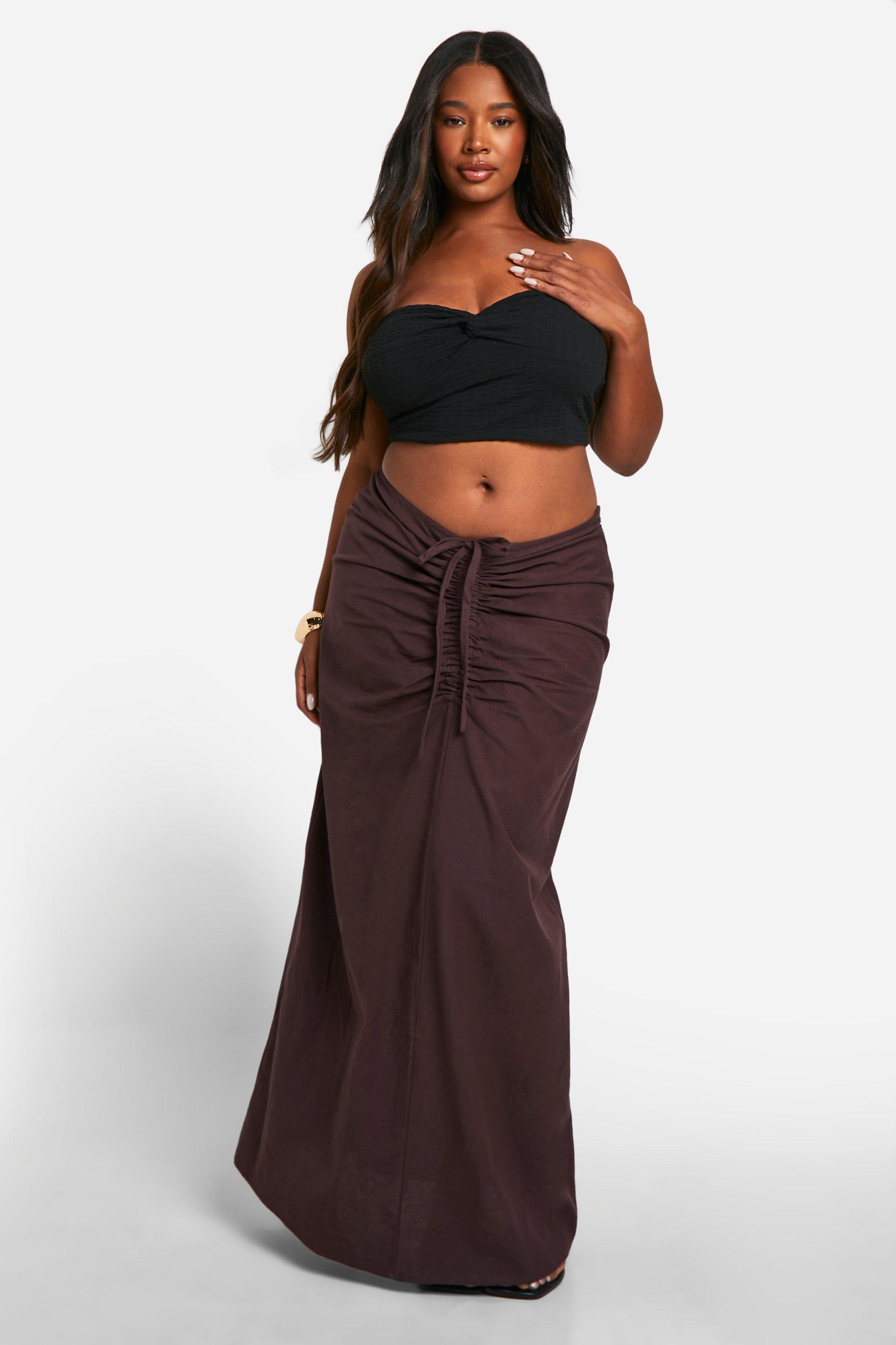 Boohoo Plus Geplooide Katoenen Maxi Rok, Chocolate