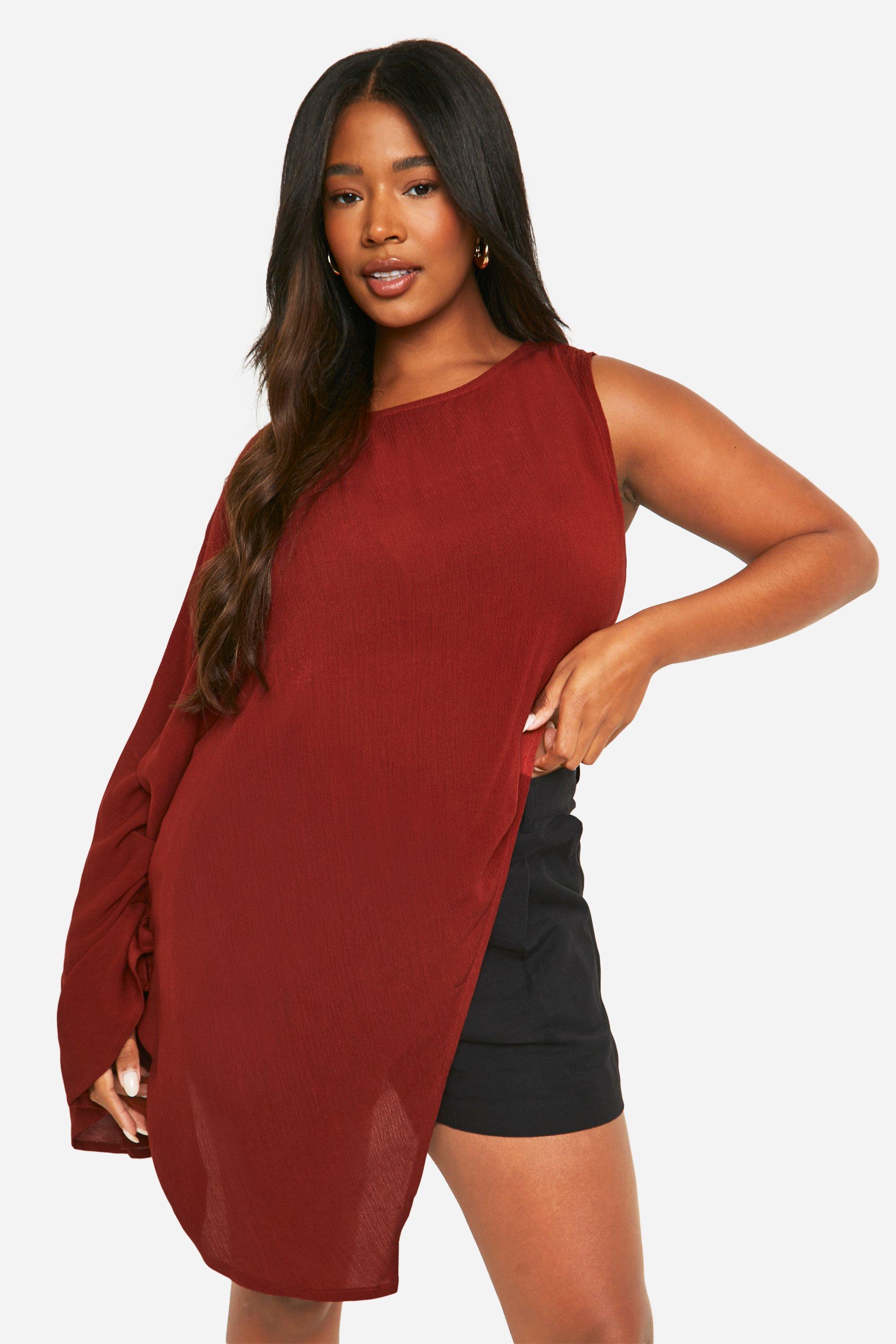 Boohoo Plus Cheesecloth High Neck Longline Top, Rust