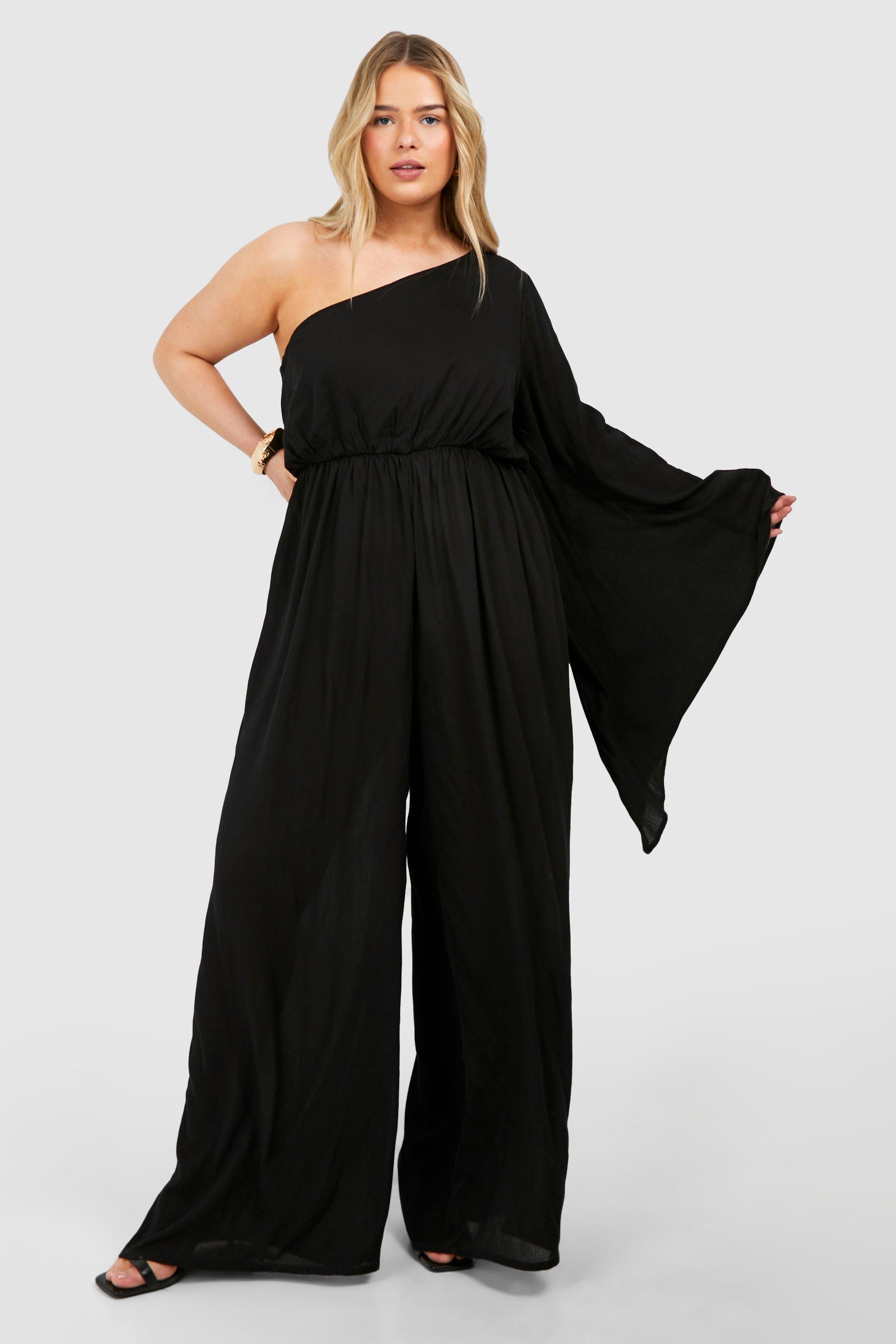 Image of Plus Flare Sleeve Cheesecloth Jumpsuit, Nero