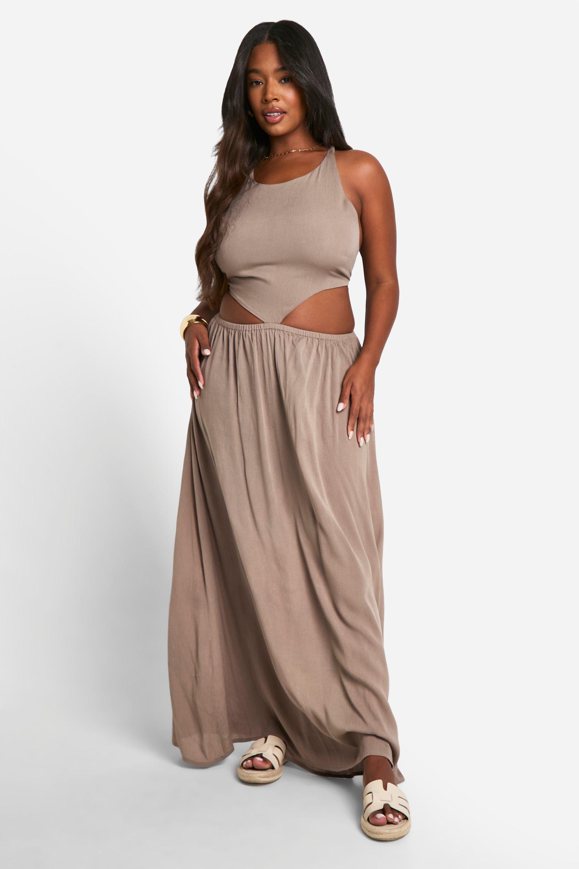 Image of Plus Cheesecloth Halterneck Cut Out Maxi Dress, Beige