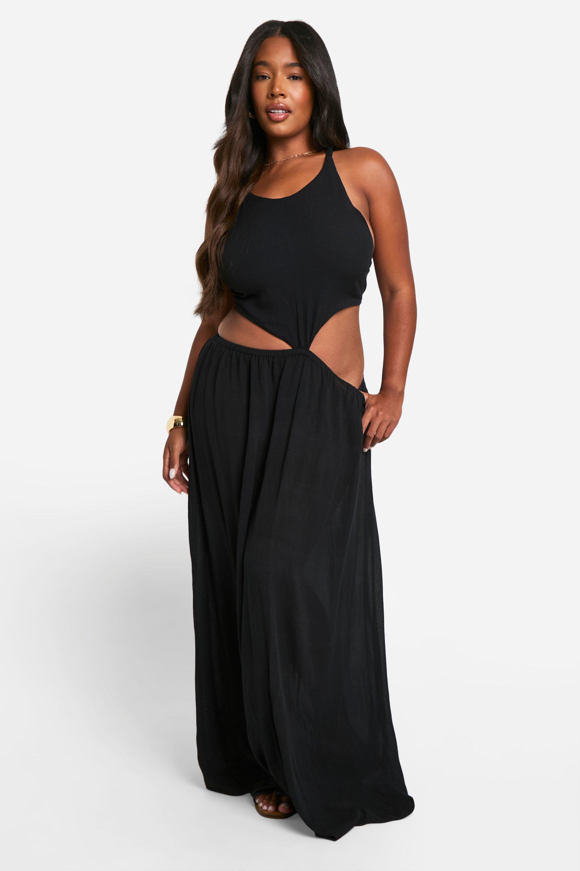 Image of Plus Cheesecloth Halterneck Cut Out Maxi Dress, Nero